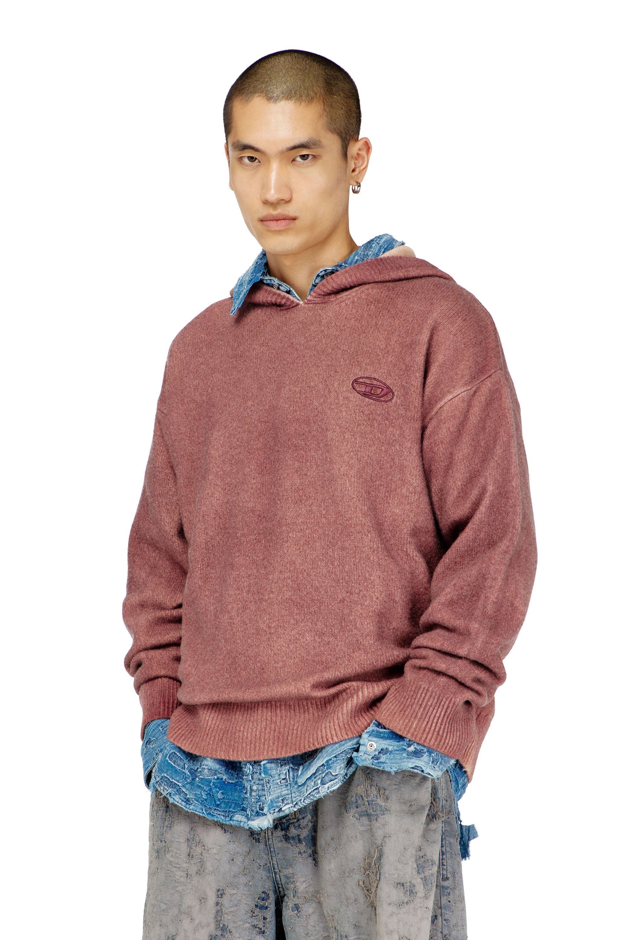 Diesel - K-PICKLED, Man's Double-dyed hoodie in wool-blend knit in Bordeaux - 1