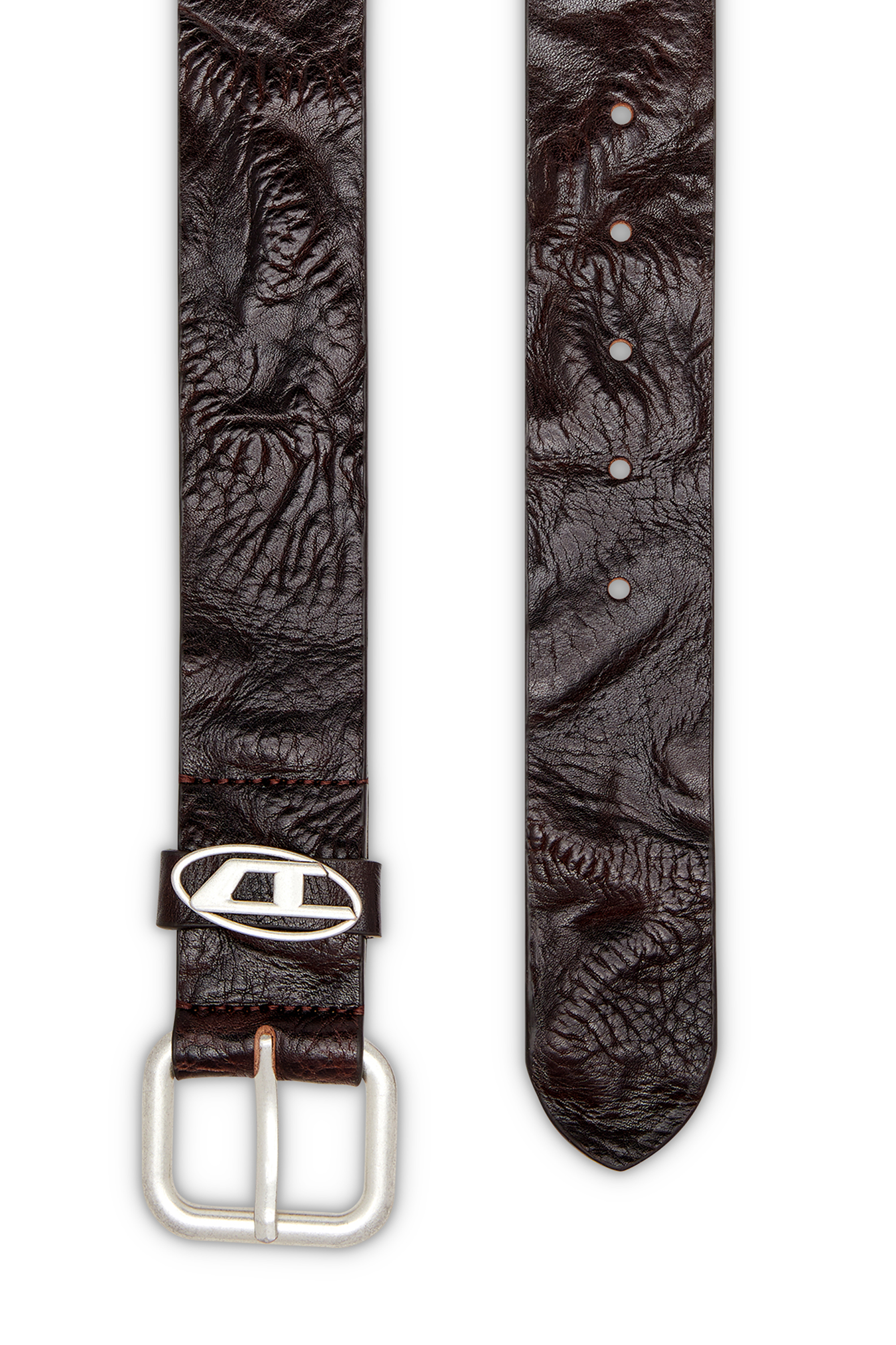 Diesel - B-1DR OVAL D LOOP, Unisex's 3.9cm logo-plaque wrinkled leather belt in Dark Brown - 2