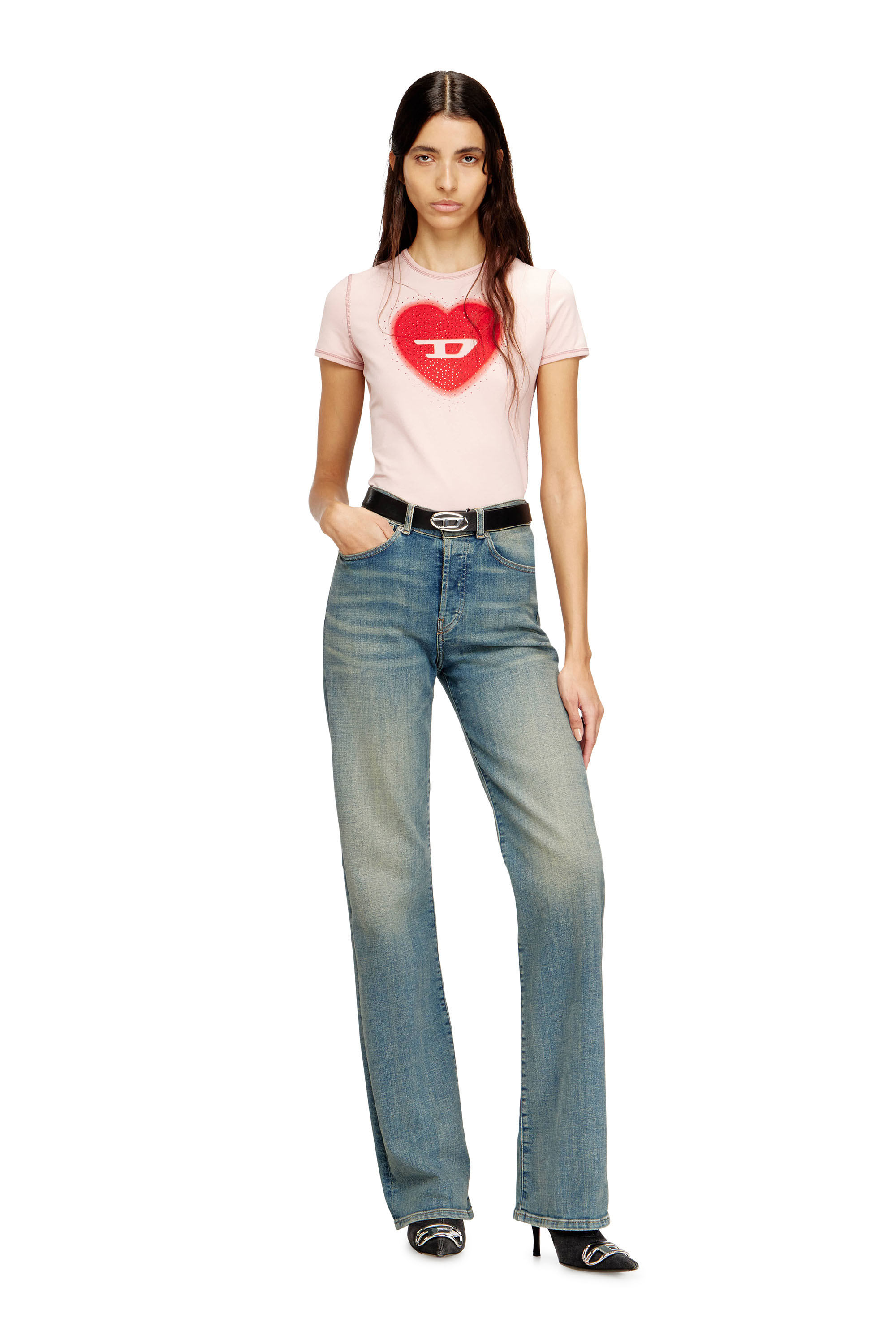 Diesel - T-UNCUTIES-LONG-S5, Woman's Slim T-shirt with heart print and studs in Pink - 2