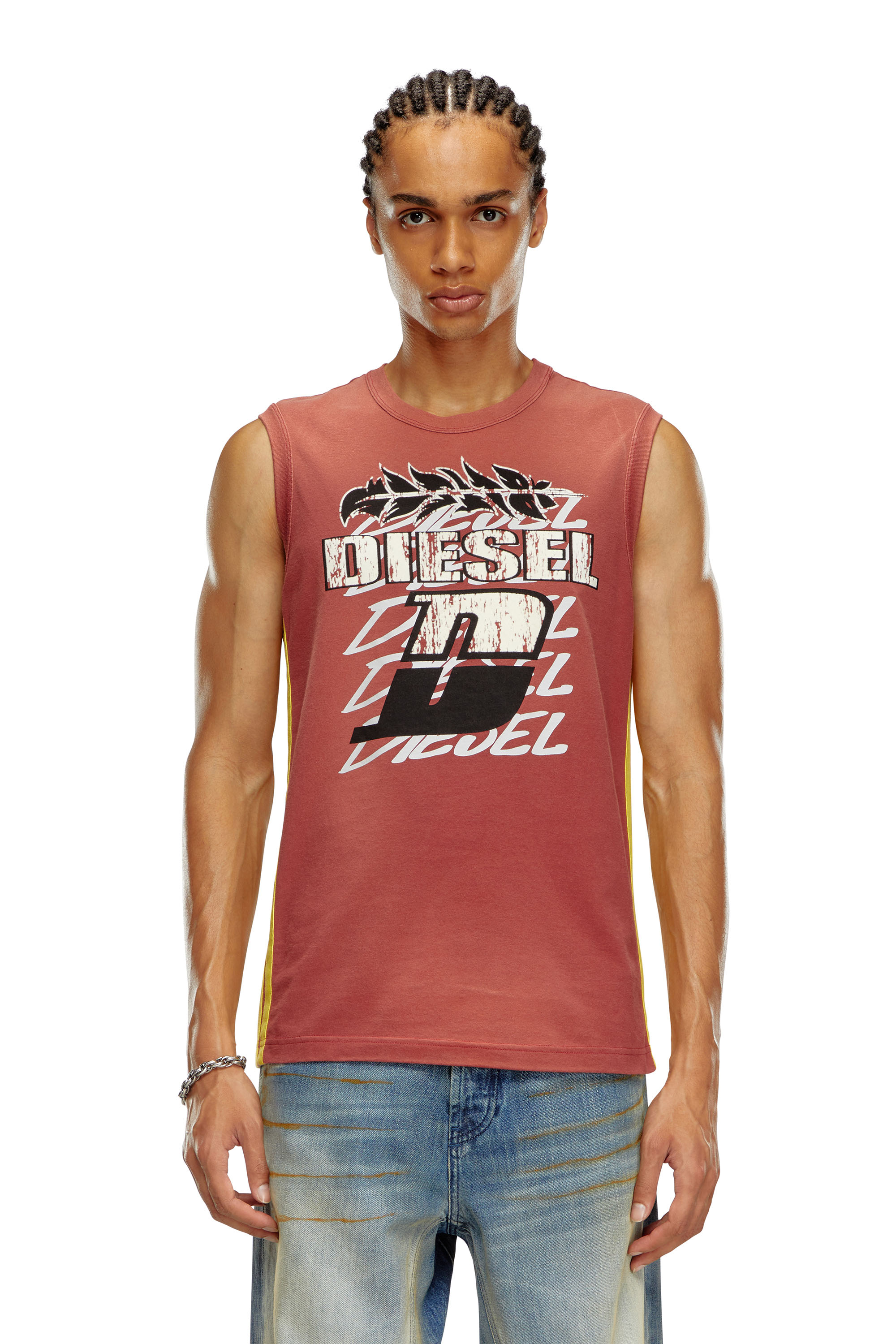 Diesel - T-BISCO-STRIPE, Man's Sun-faded tank top with side bands in Red - 5