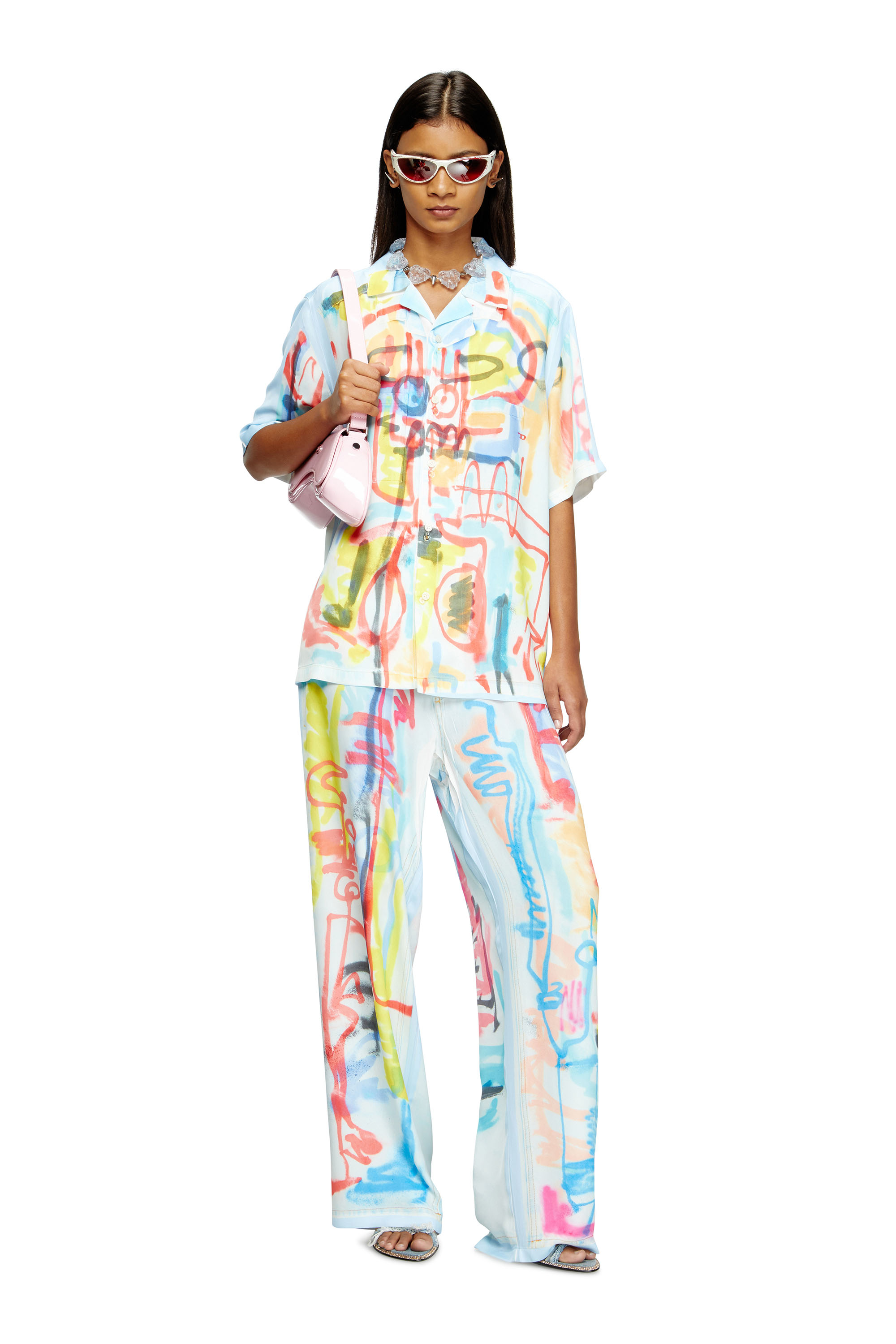 Diesel - C-PAROSHORT-GRAFFITI-AFR, Unisex's Satin bowling shirt with graffiti print in Light Blue - 6