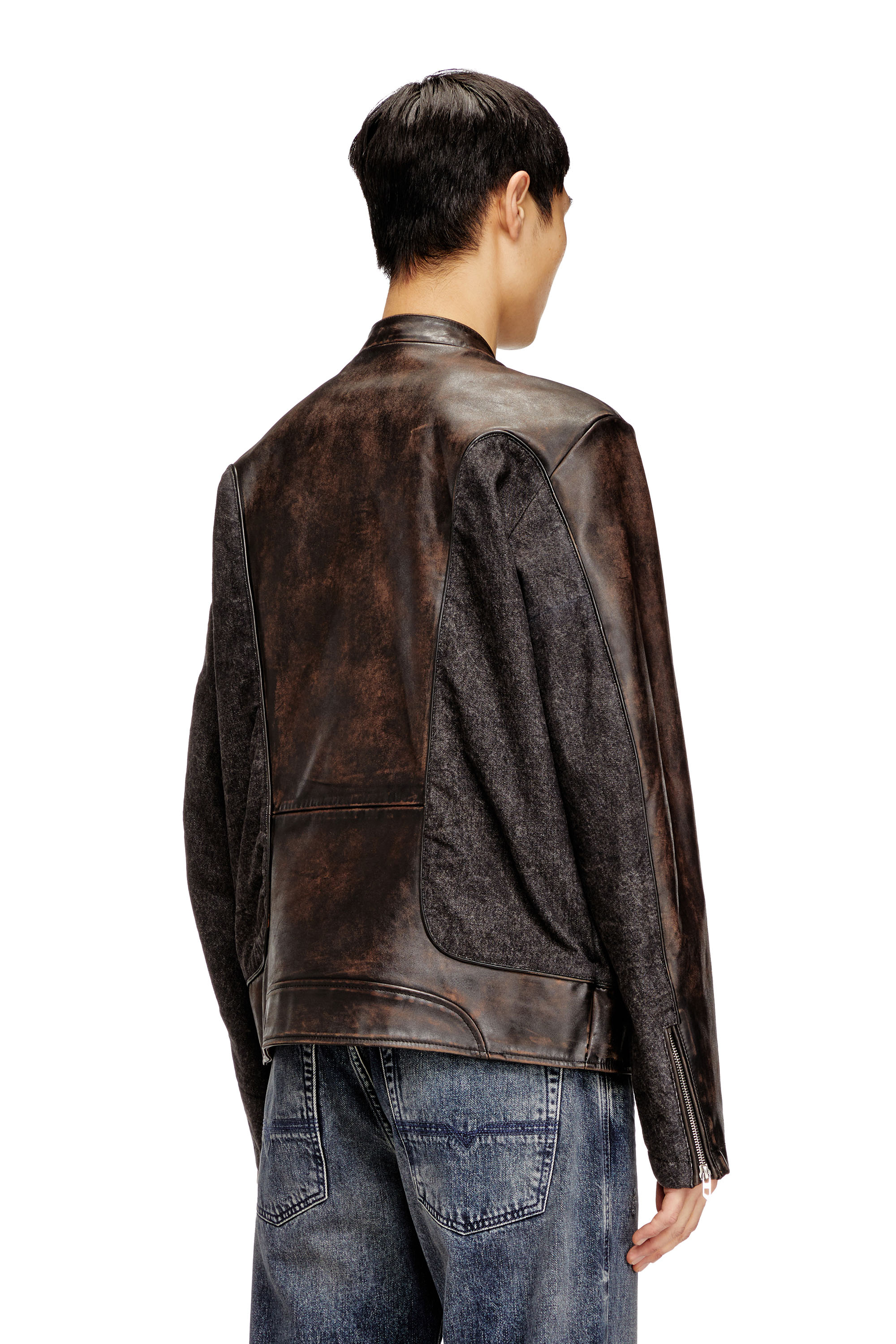 Diesel - L-KRILL-DNM, Man's Piped biker jacket in leather and denim in Brown - 4