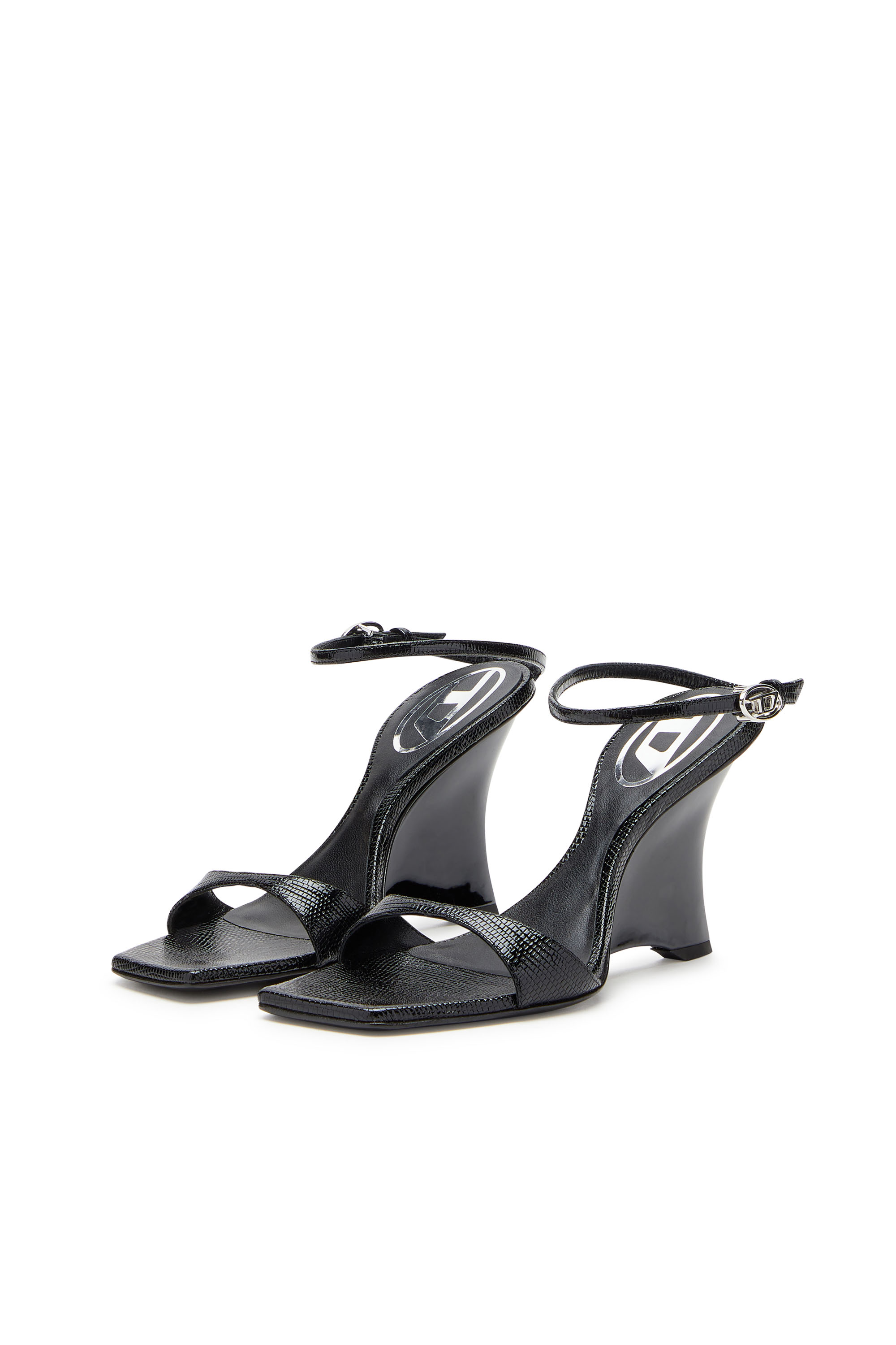 D-AMBER SANDAL WEDGE, Black Diesel - D-AMBER SANDAL WEDGE, Woman's D-Amber-Wedge sandals in lizard-effect leather in Black - 8
