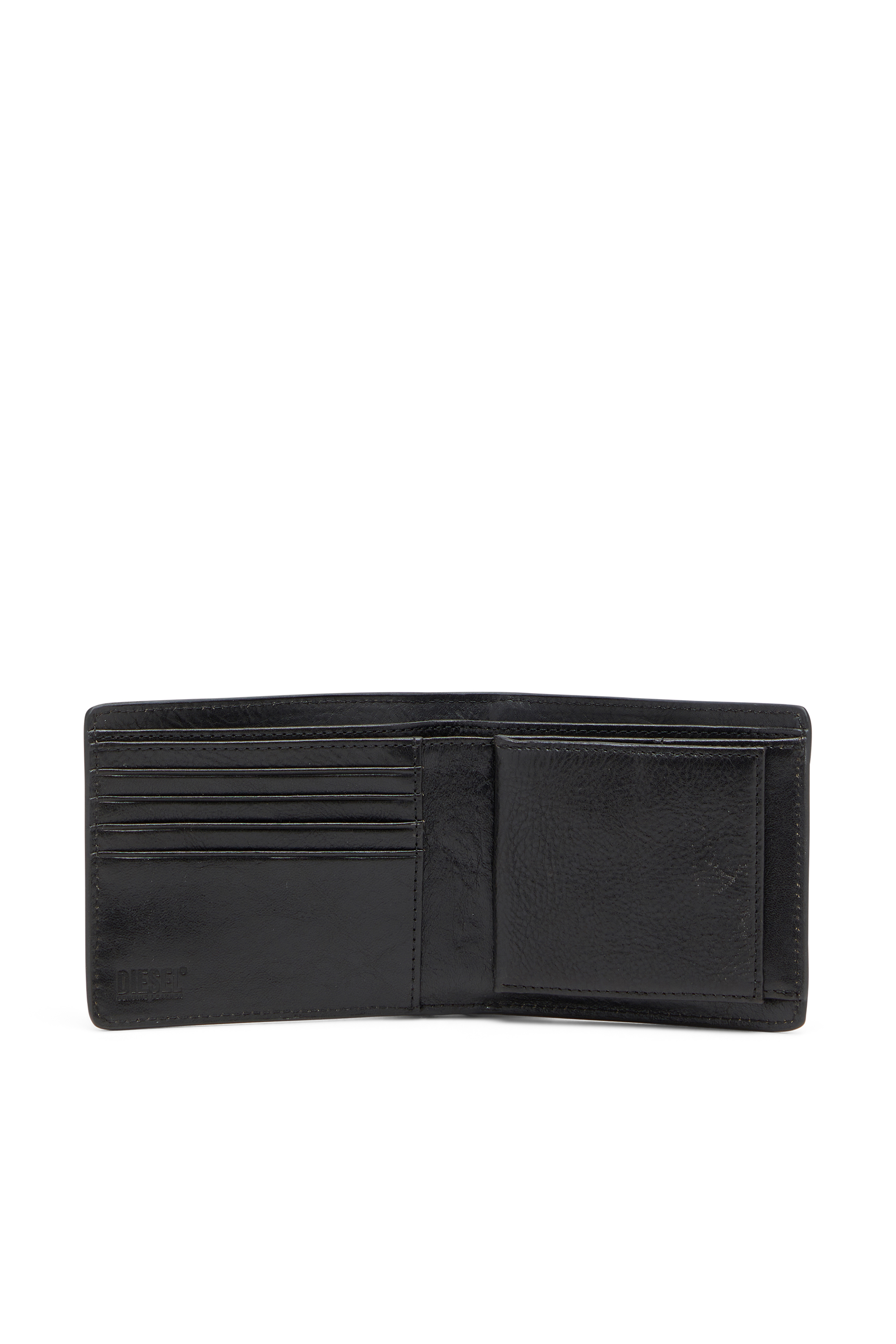 Diesel - FLAG-D BI-FOLD COIN S 3D, Man's Bi-fold leather wallet with embossed logo in Black - 3