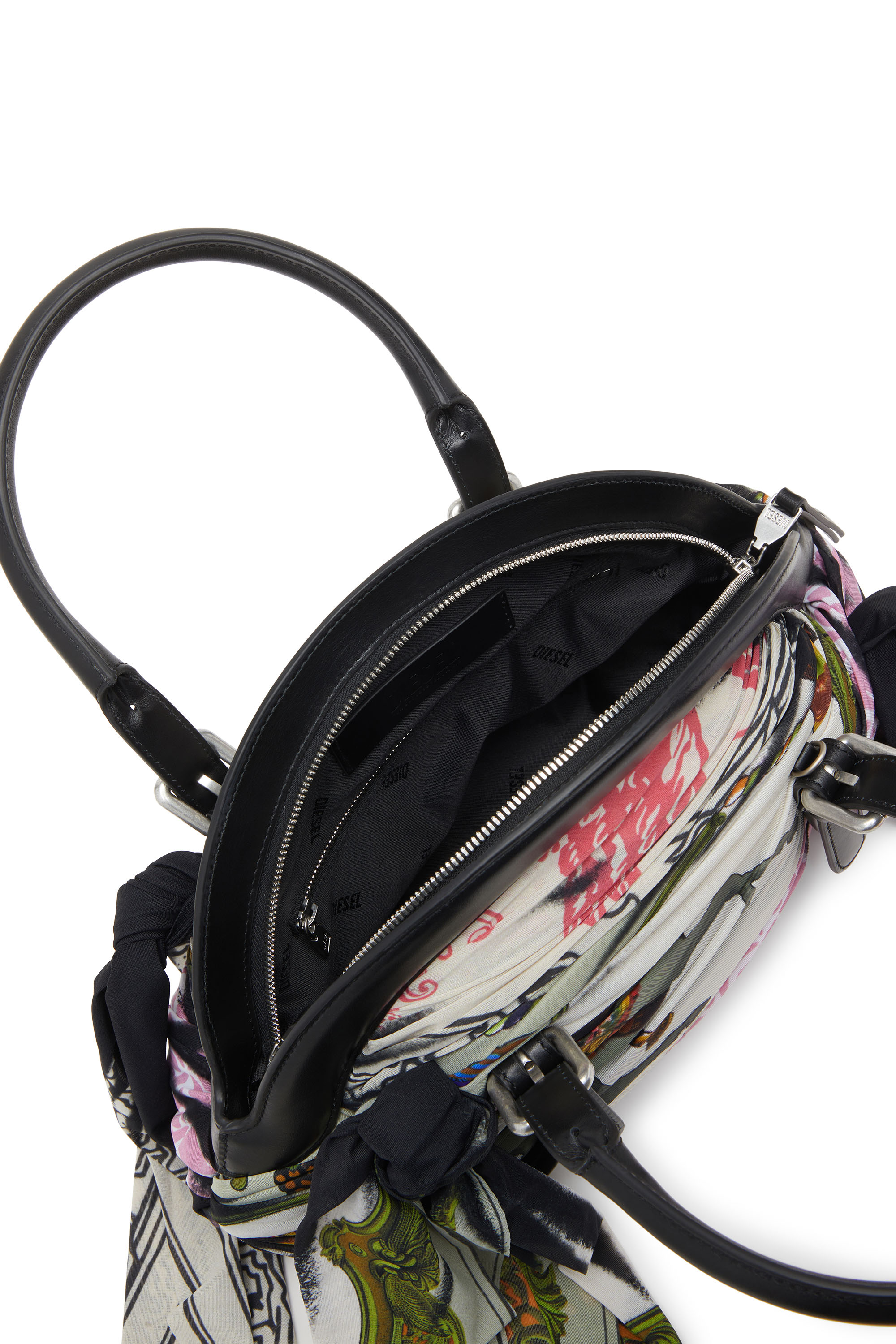 Diesel - TRASH-D TOP HANDLE, Woman's Trash-D-Bandana handbag in leather and jersey in Black/White - 4