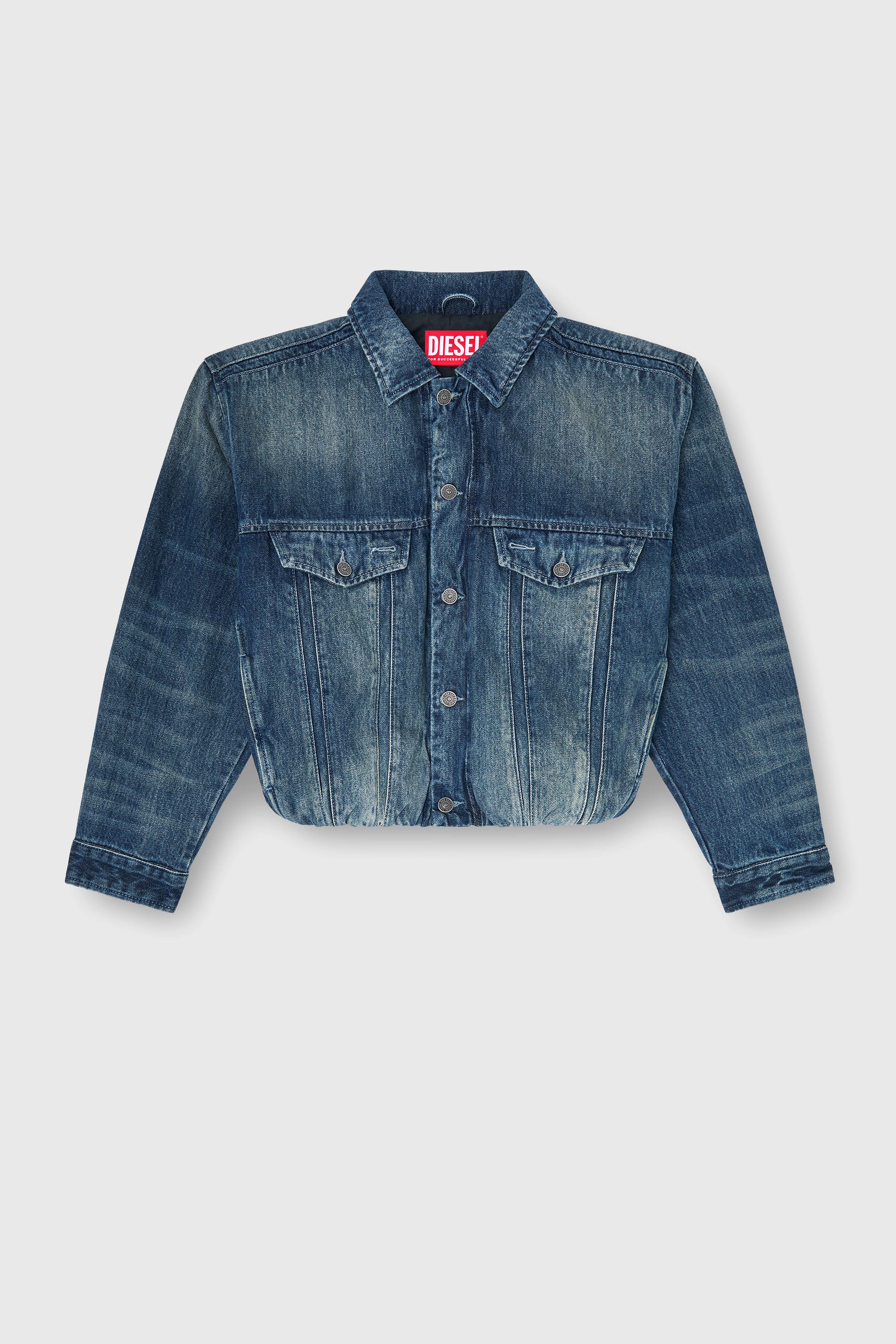 Diesel - DE-MORVI-FSJ, Woman's Elasticated trucker jacket in denim in Medium blue - 2
