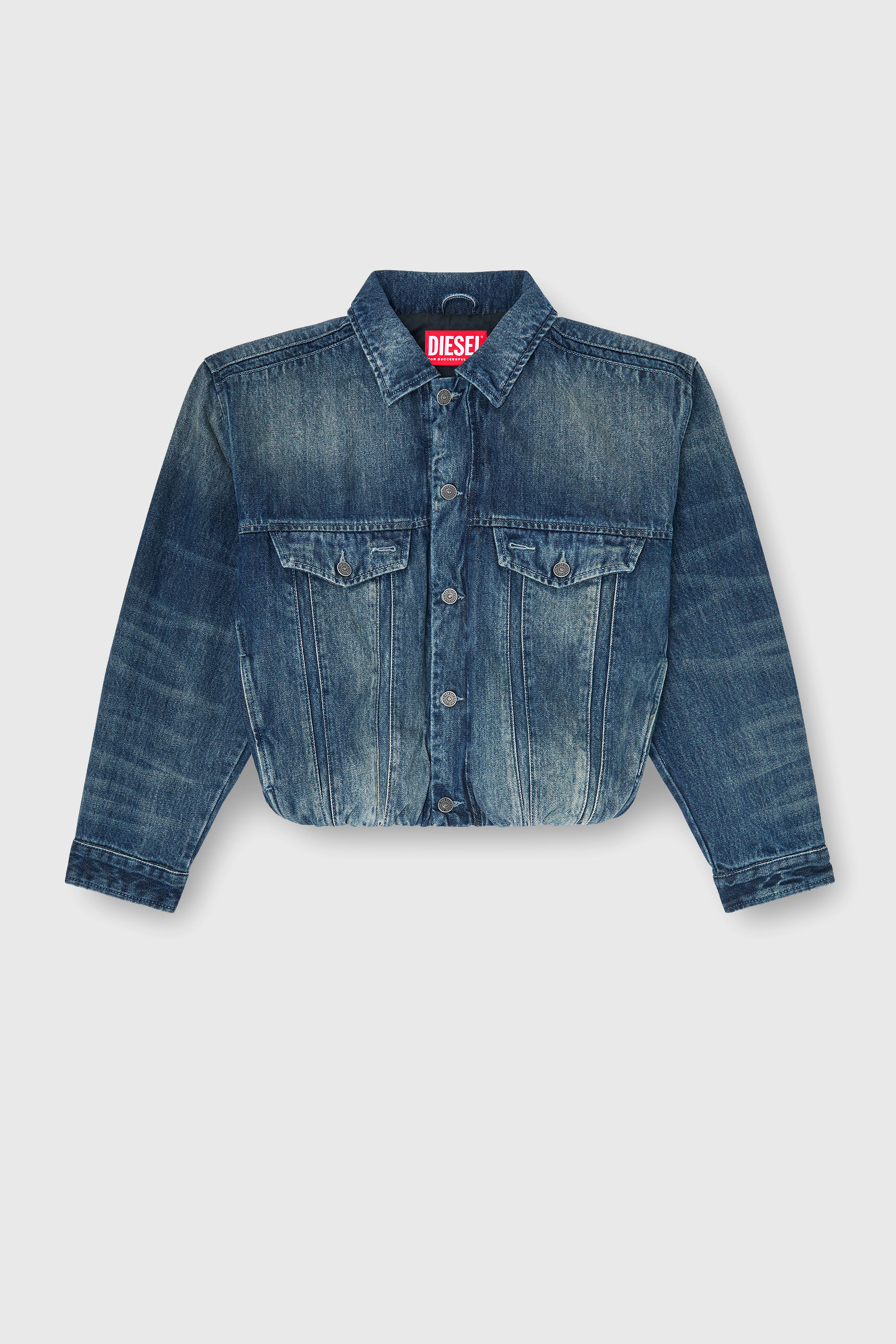 Diesel - DE-MORVI-FSJ, Woman's Elasticated trucker jacket in denim in Dark Blue - 2