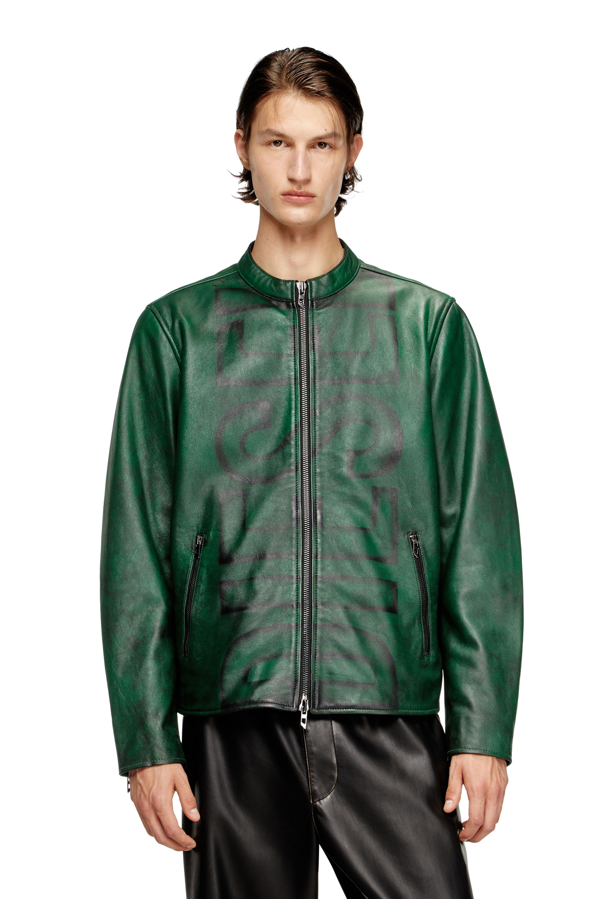 Diesel - L-EVERT-A, Man's Treated leather biker jacket with faded logo in Green - 3