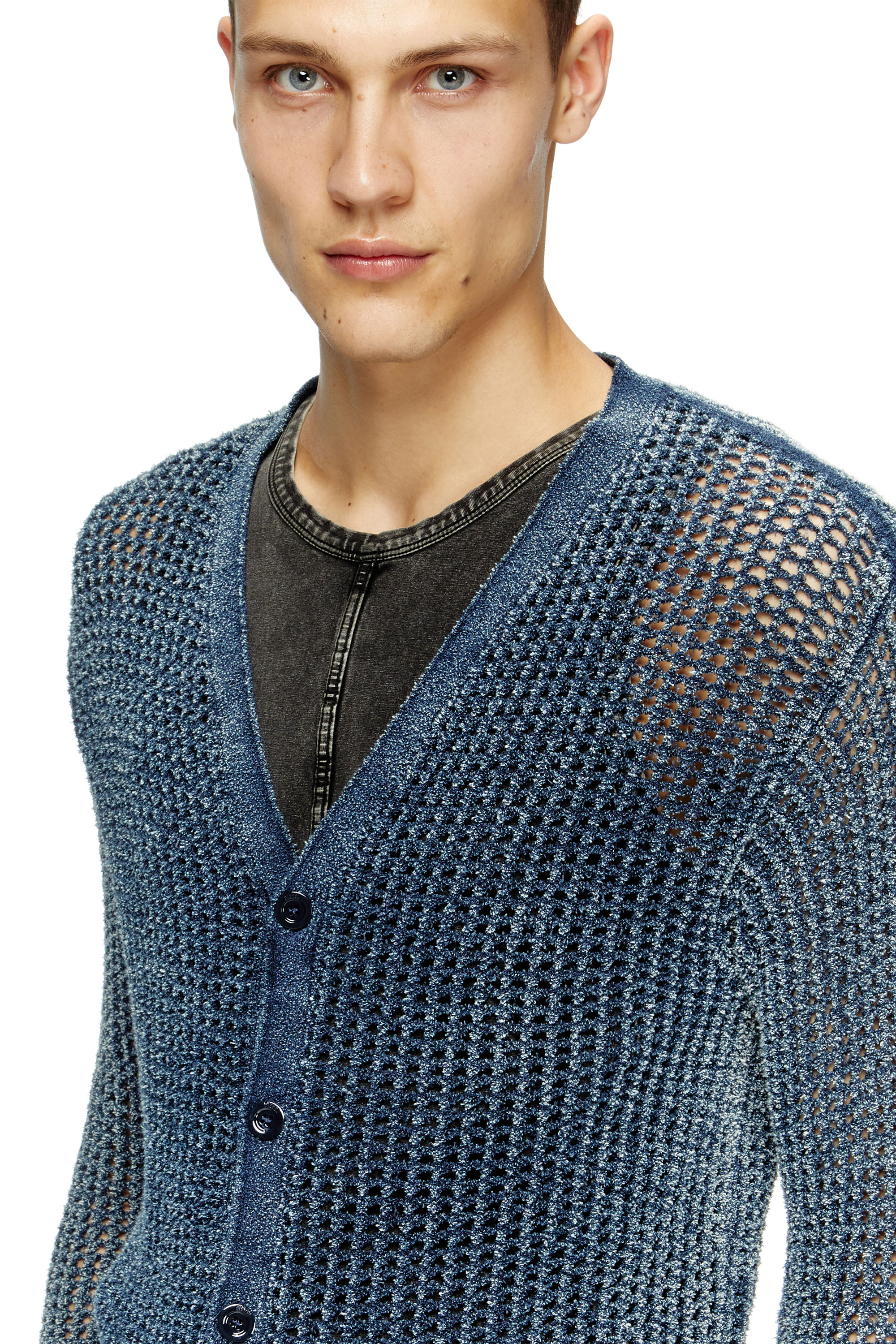 Diesel - K-REDRAM, Man's Mesh-knit cardigan in denim yarn in Blue - 5