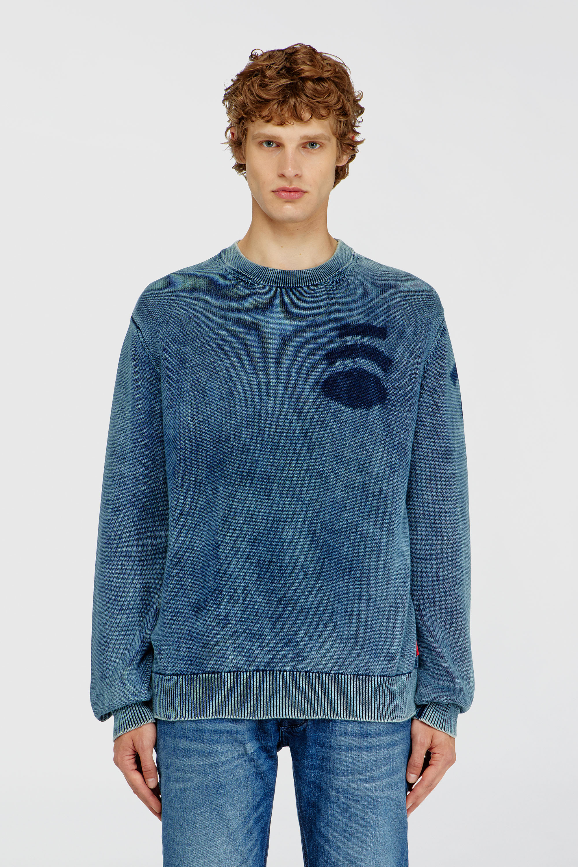 Diesel - K-PERNE, Man's Denim-look jumper with patch effects in Medium blue - 1