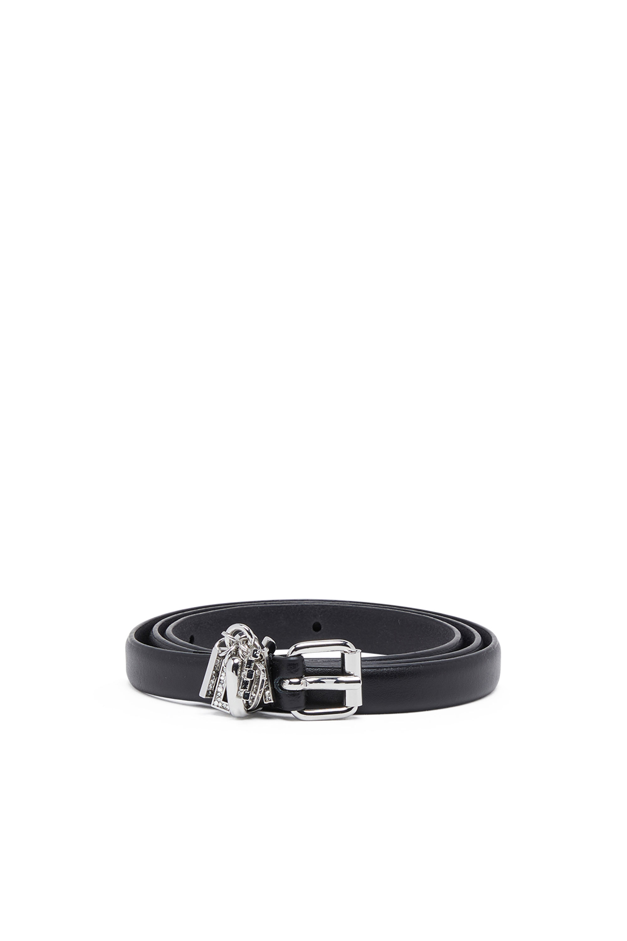 Diesel - B-CHARM-LOOP, Woman Leather belt with crystal logo charms in Black - Image 1