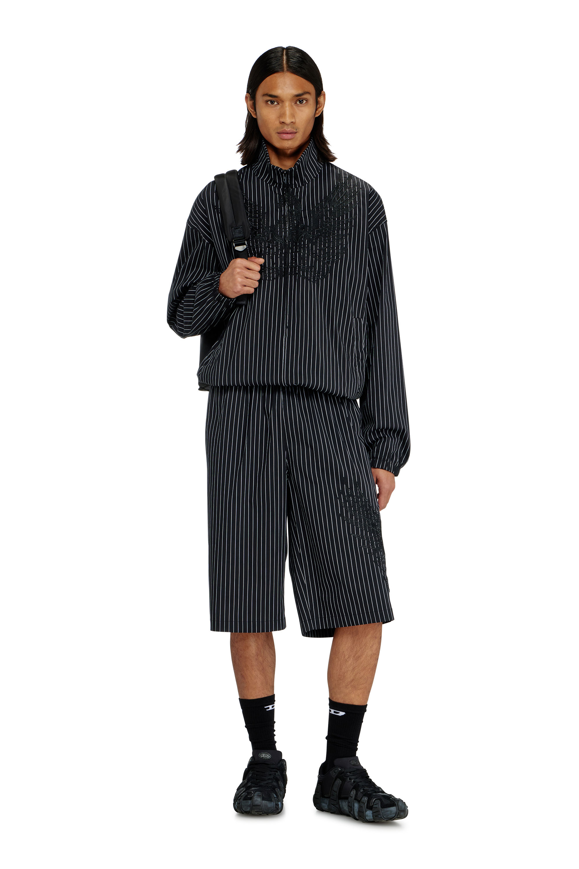 Diesel - J-CORSAR-NJCA, Man's Nylon pinstripe Jacket with Phoenix embroidery in Black - 1