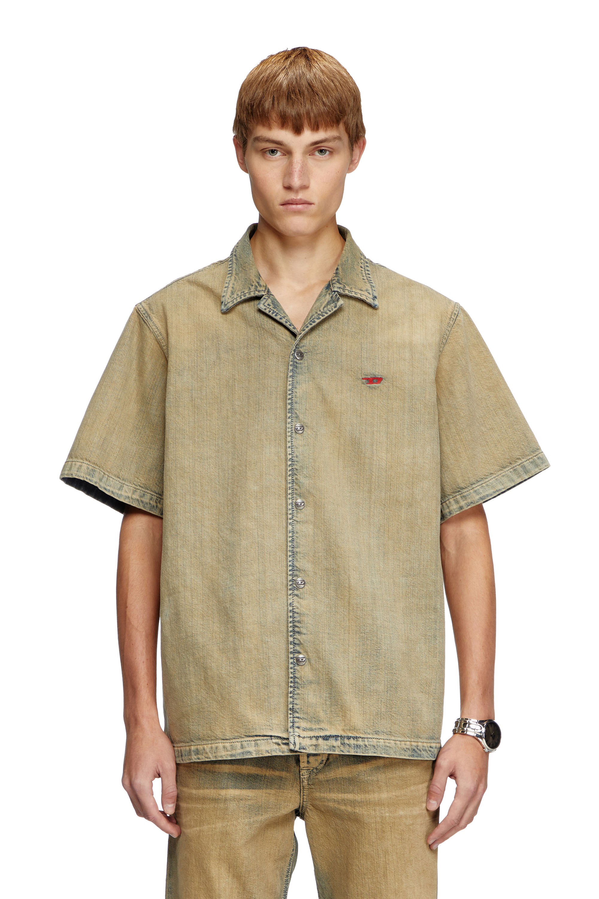 Diesel - D-NABIL-D, Man's Bowling shirt in gold-brush denim in Beige - 1