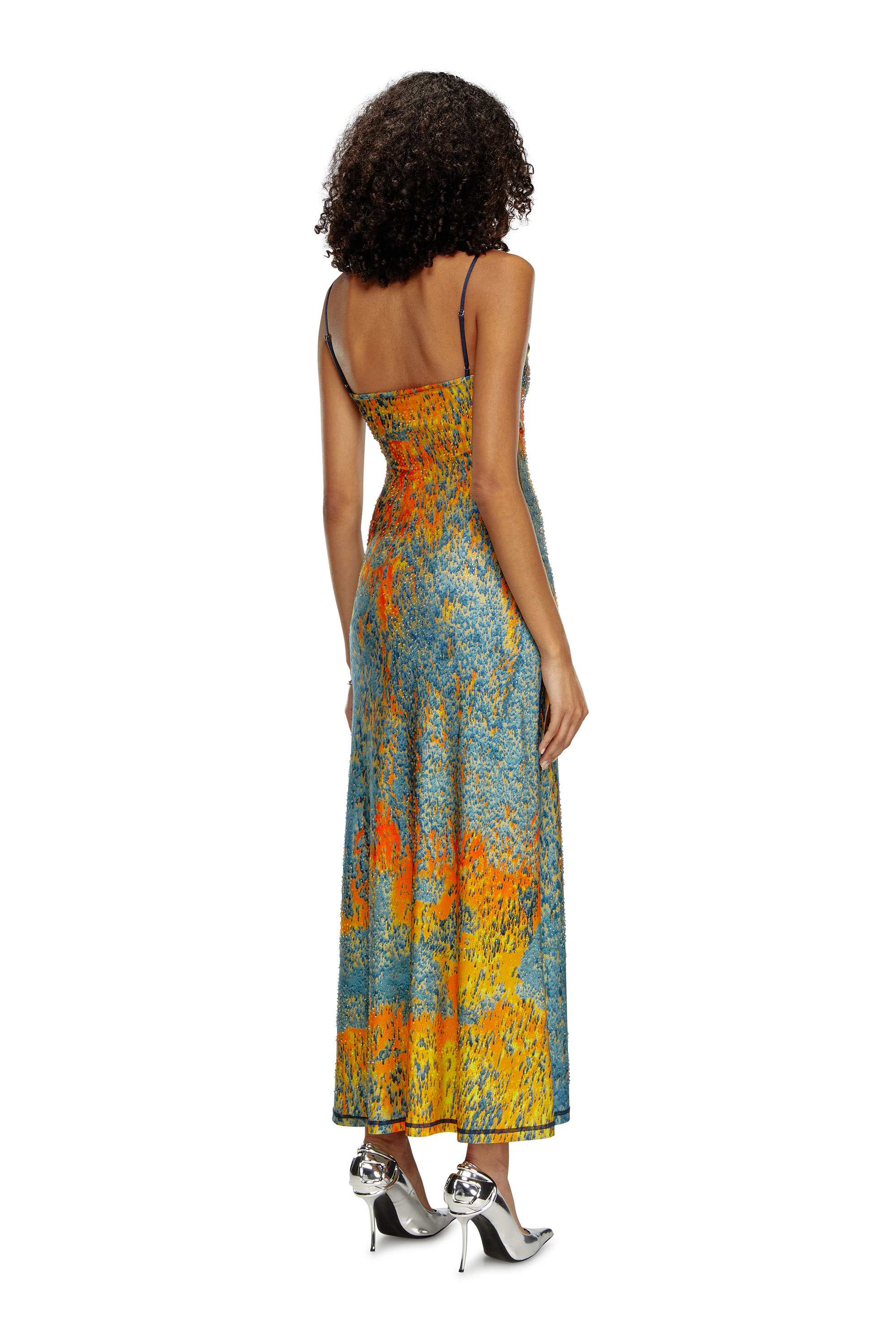 Diesel - D-AMOUR, Woman's Long printed dress with clear crystals in Blue/Orange - 3