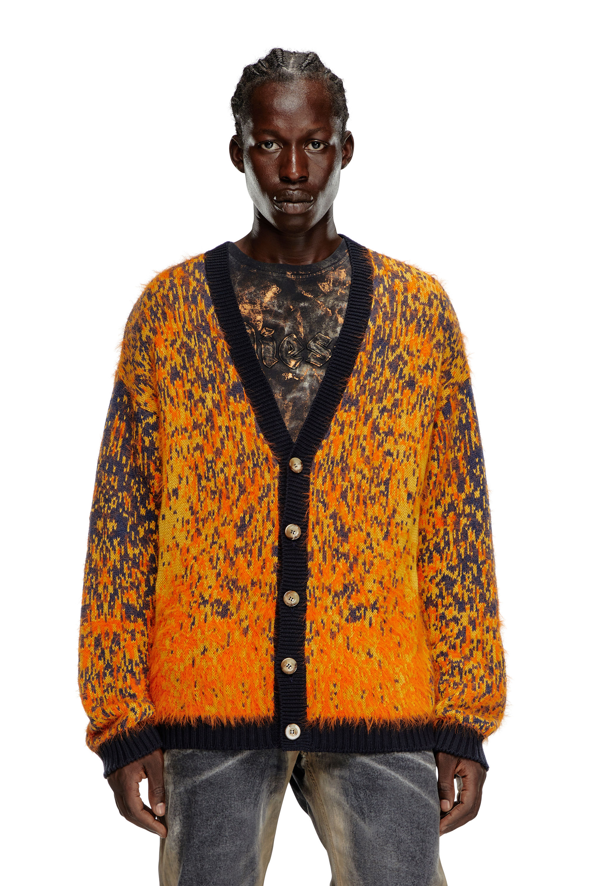 Diesel - K-RANGER, Man Fuzzy cardigan with abstract pattern in Orange - Image 6