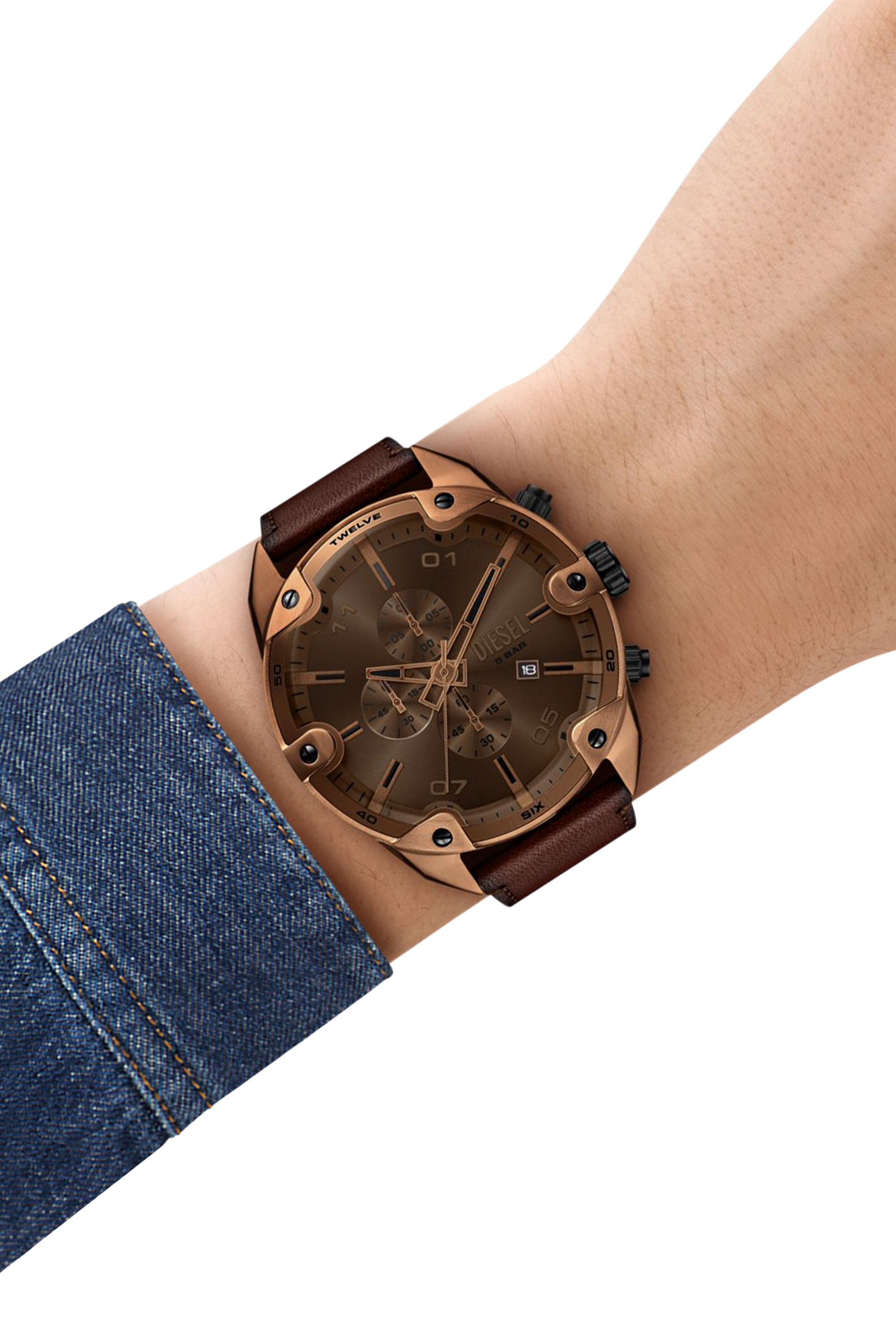 Diesel - DZ4698 WATCH, Man's Spiked brown leather watch in Brown - 4