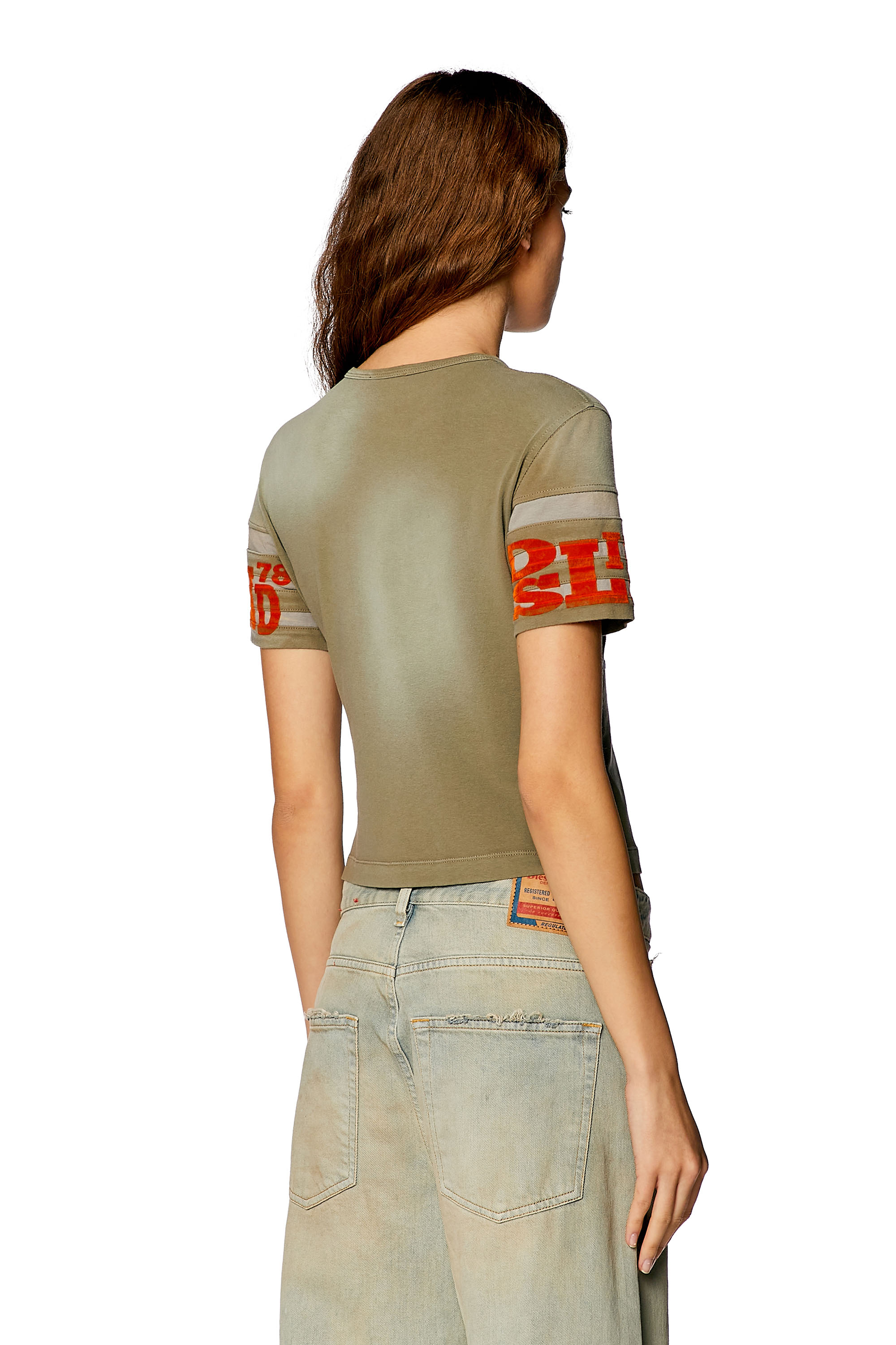 Diesel - T-UNCUSL, Woman T-shirt in treated jersey with flock prints in Brown - Image 3