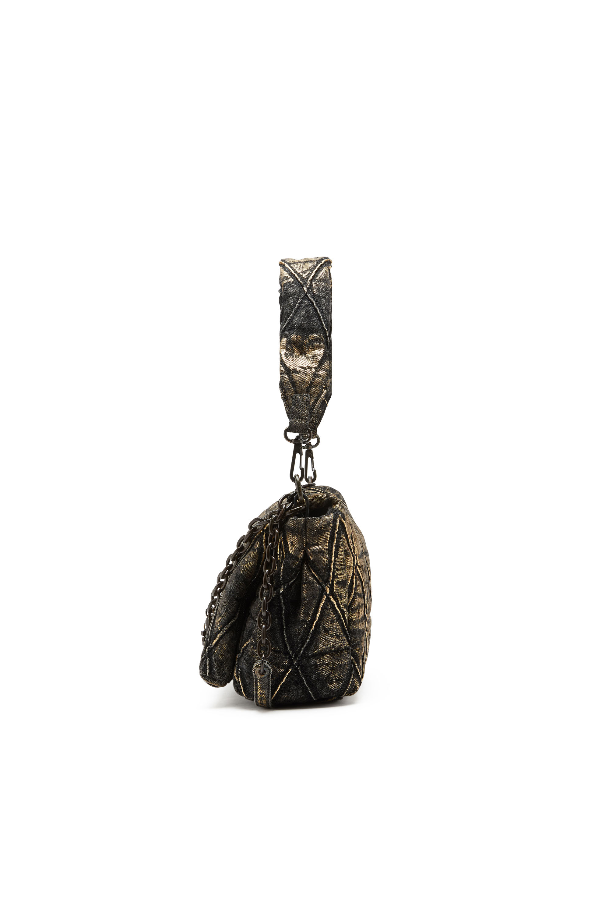 Diesel - CHARM-D SHOULDER M, Woman's Charm-D M-Shoulder bag in metallic quilted denim in Black/Gold - 3