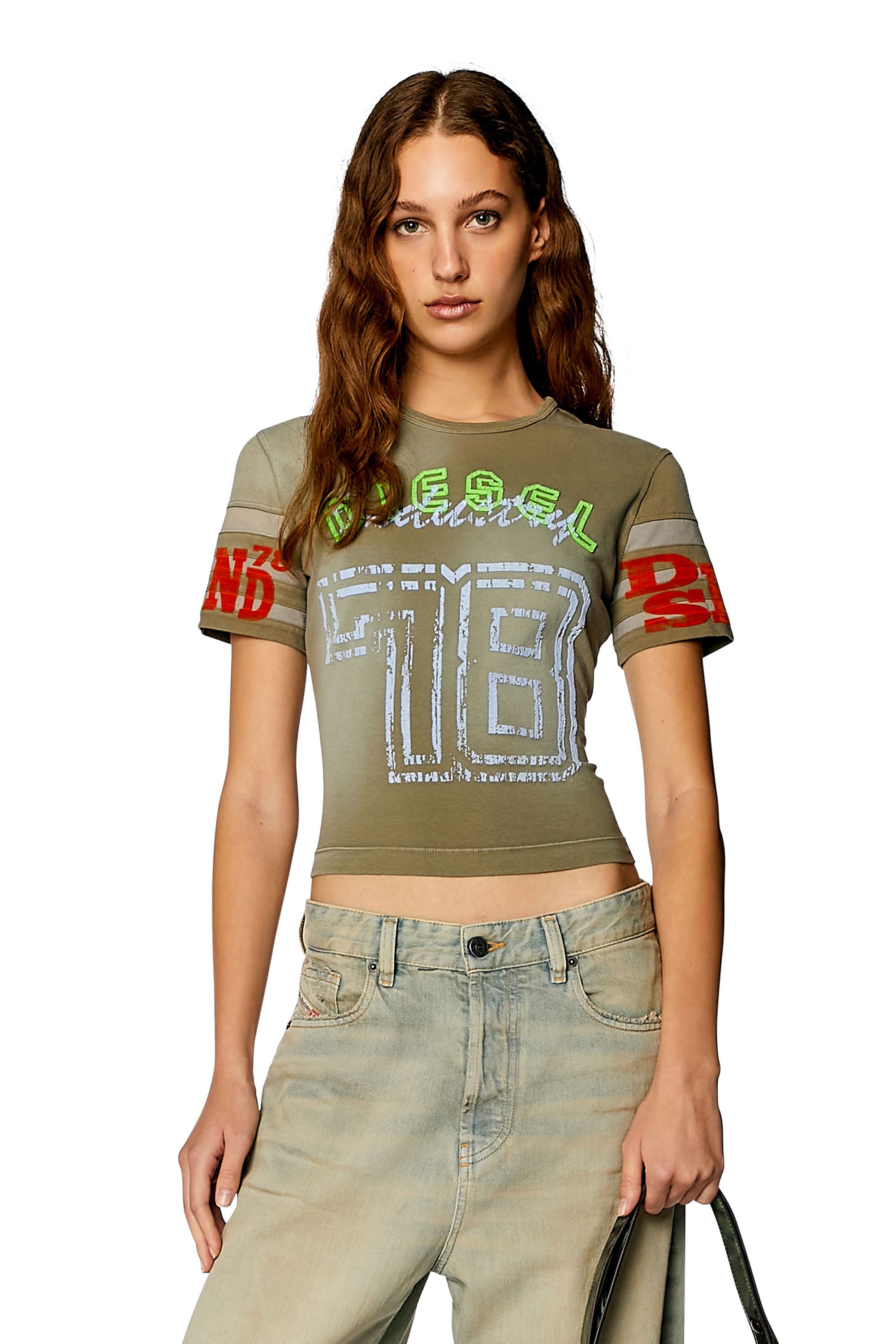 Diesel - T-UNCUSL, Woman T-shirt in treated jersey with flock prints in Brown - Image 1