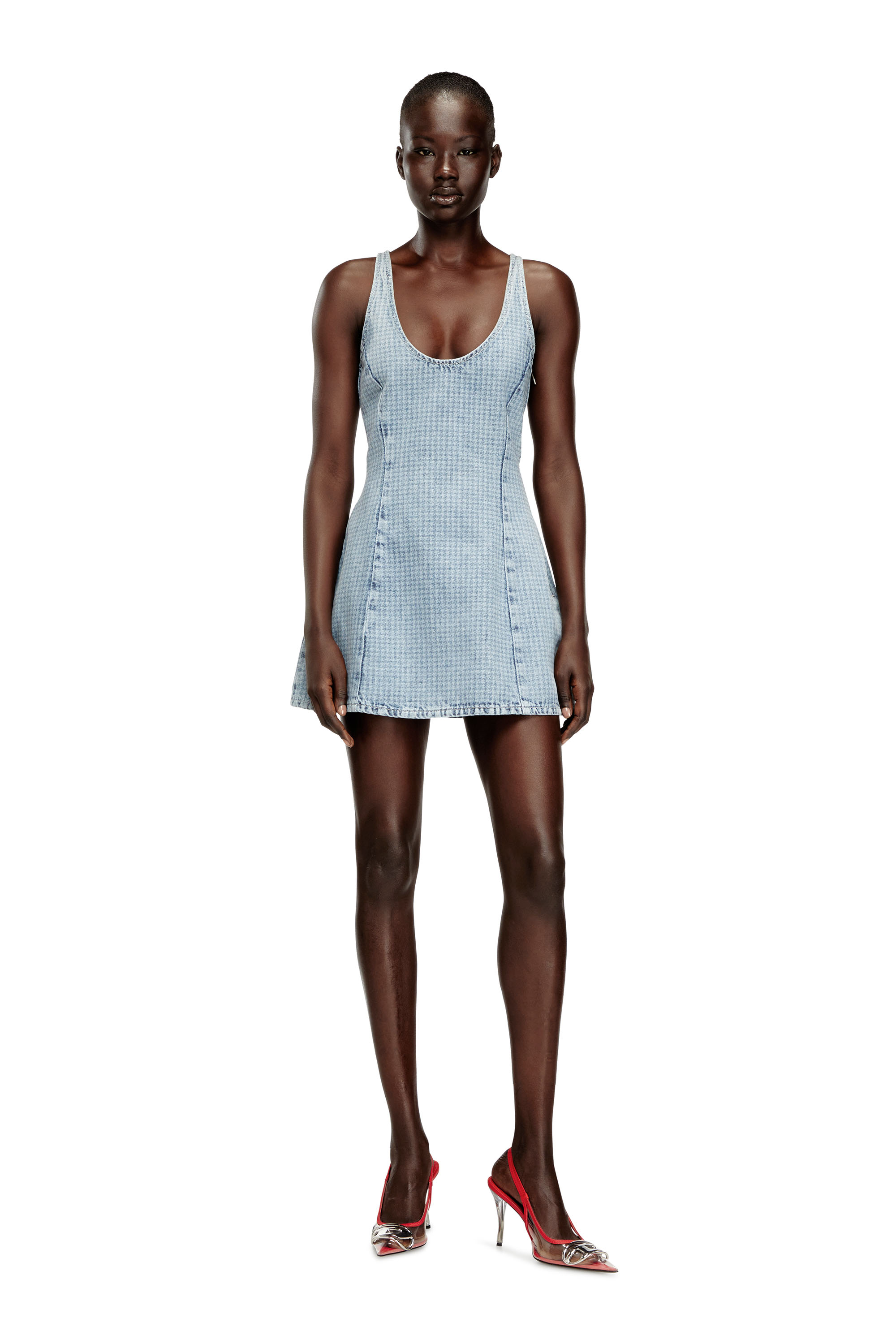 Diesel - DE-SWEENEY-S1, Woman's Short dress in houndstooth denim with crystals in Light Blue - 2