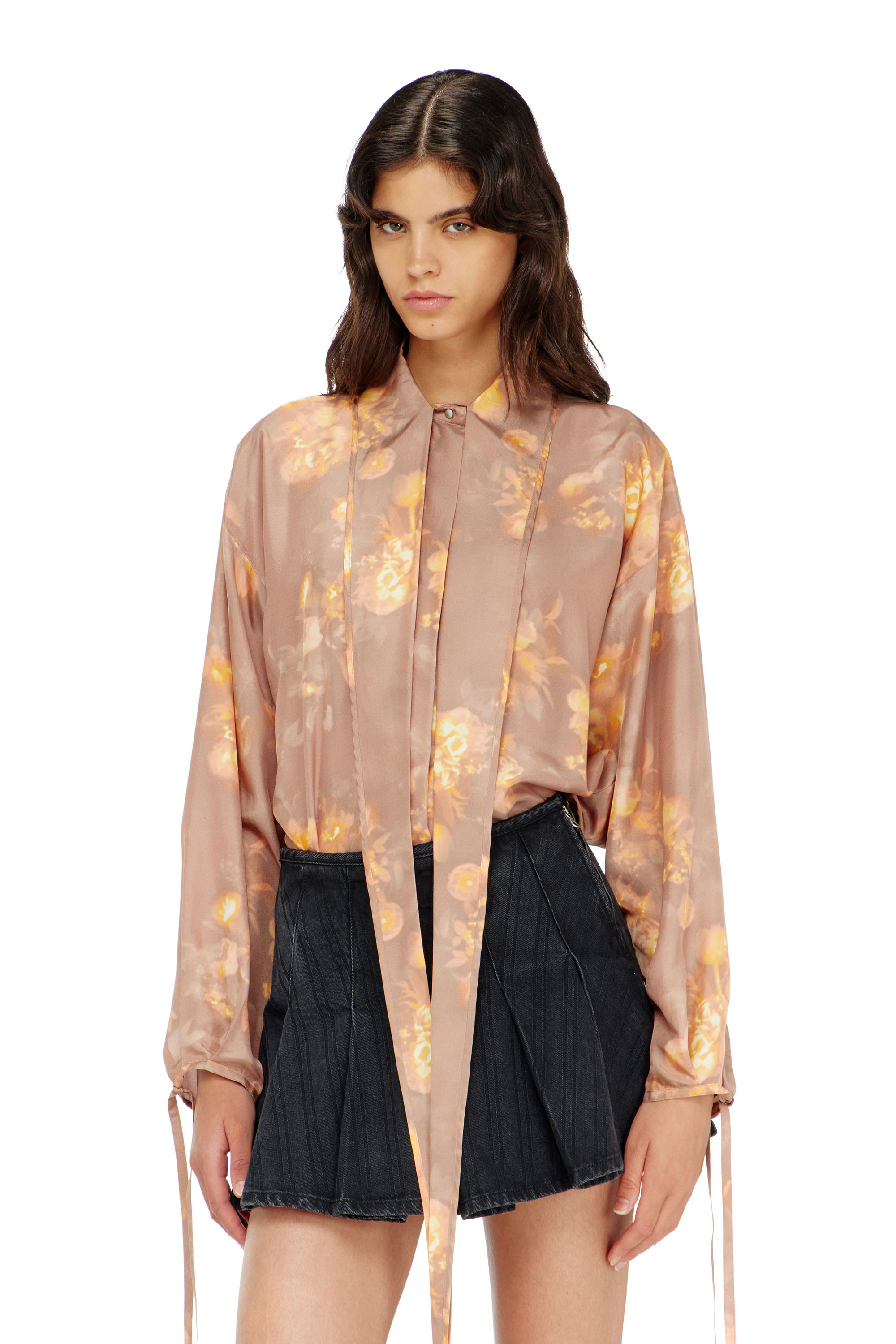 Diesel - C-ALLAS-T1, Woman's Shirt in floral-print habotai silk in Light Brown - 1