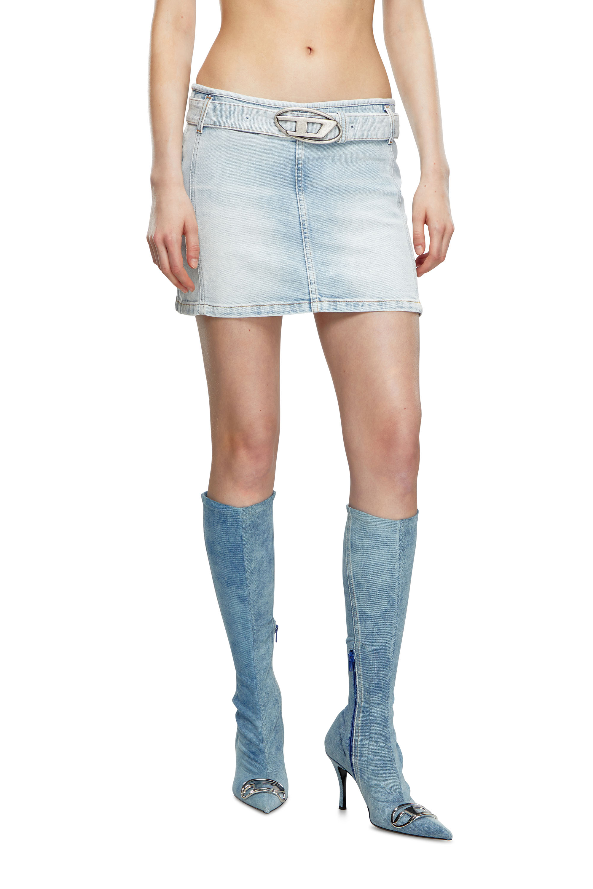 Diesel - DE-FLIP-S, Woman Denim mini skirt with logo belt in Blue - Image 1