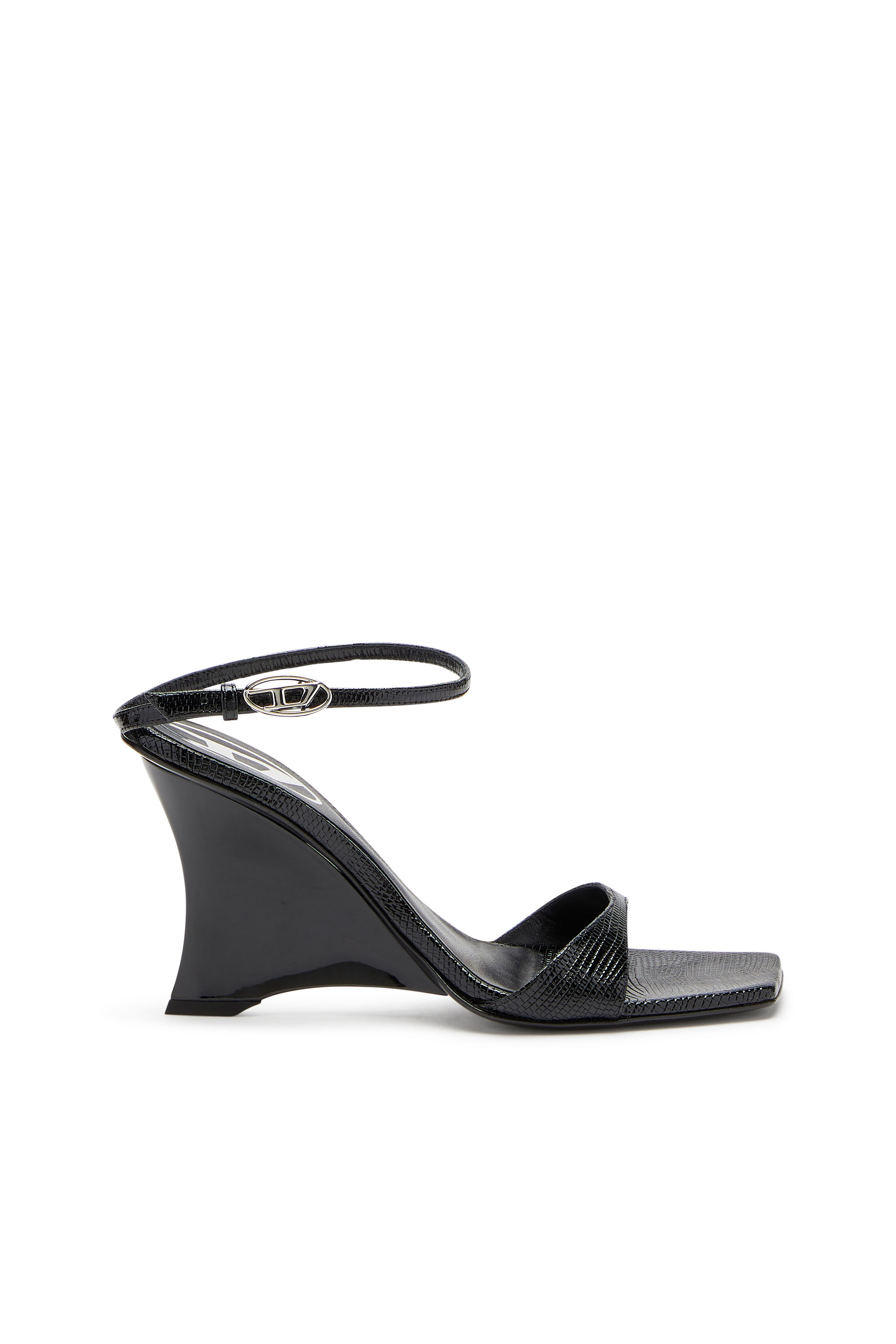 D-AMBER SANDAL WEDGE, Black Diesel - D-AMBER SANDAL WEDGE, Woman's D-Amber-Wedge sandals in lizard-effect leather in Black - 1