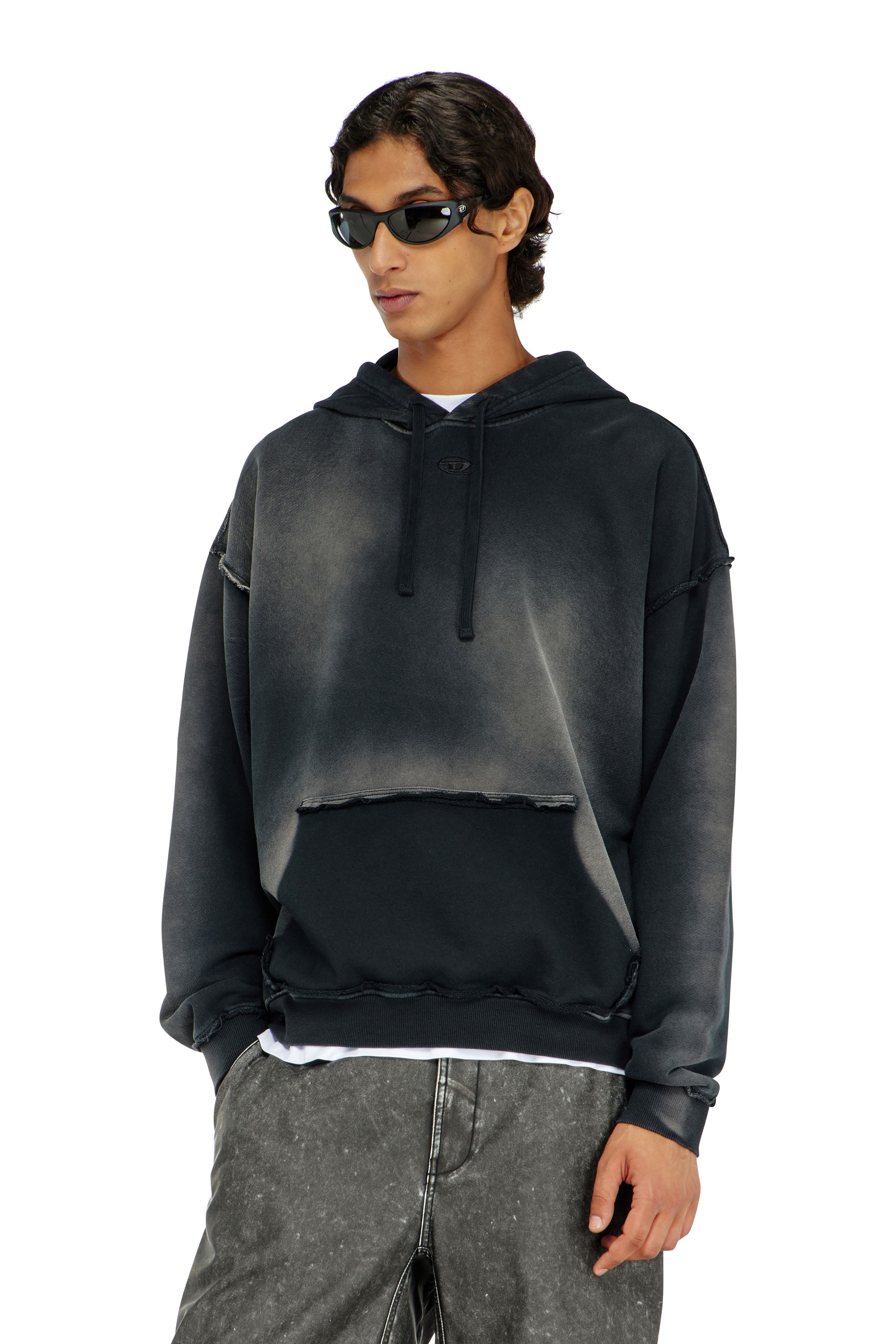 Diesel - S-POCK-HOOD, Man's Faded cotton hoodie with frayed details in Black - 1