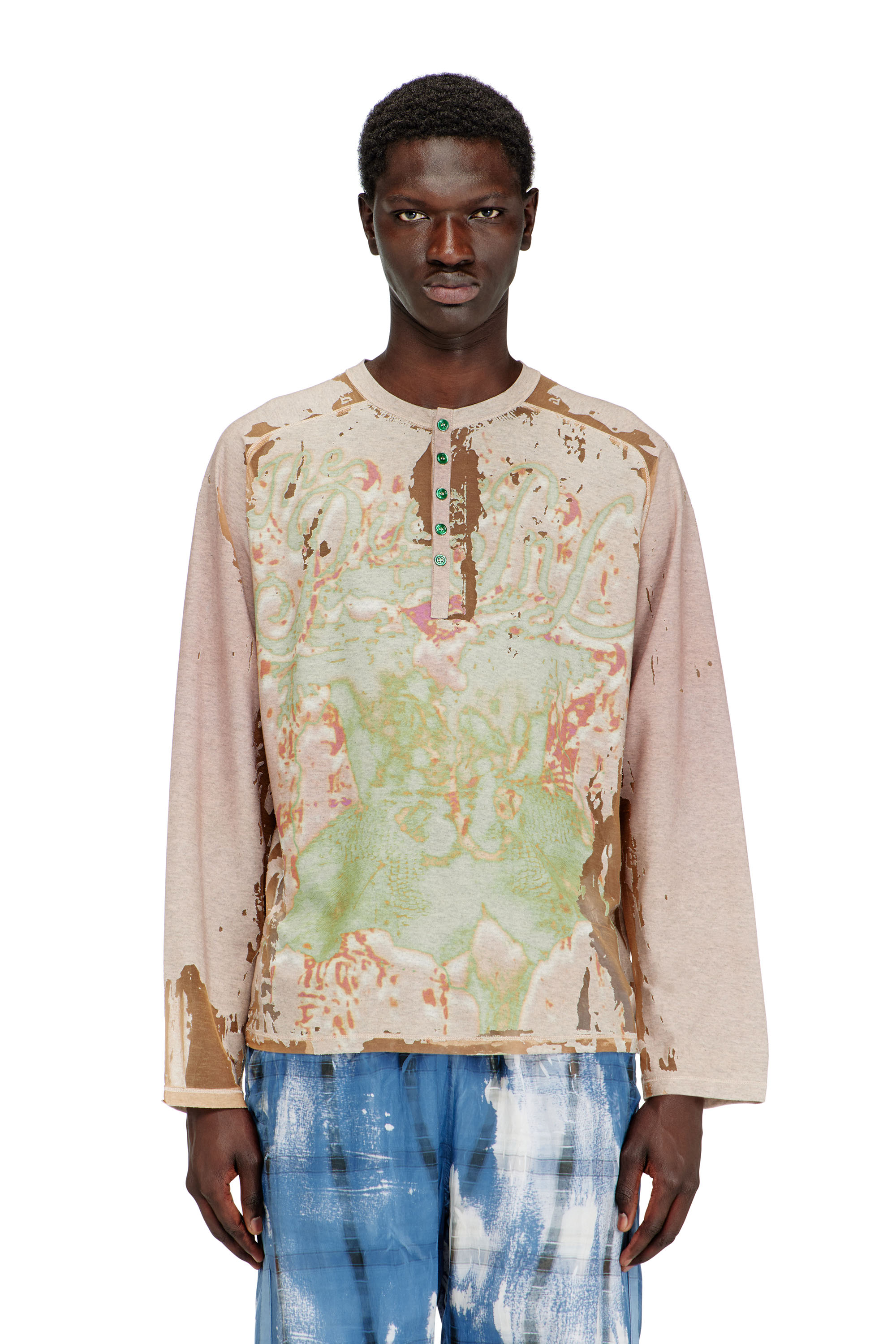 Diesel - T-LIVO-LS, Man's Henley shirt in printed devor&eacute; jersey in Beige - 1