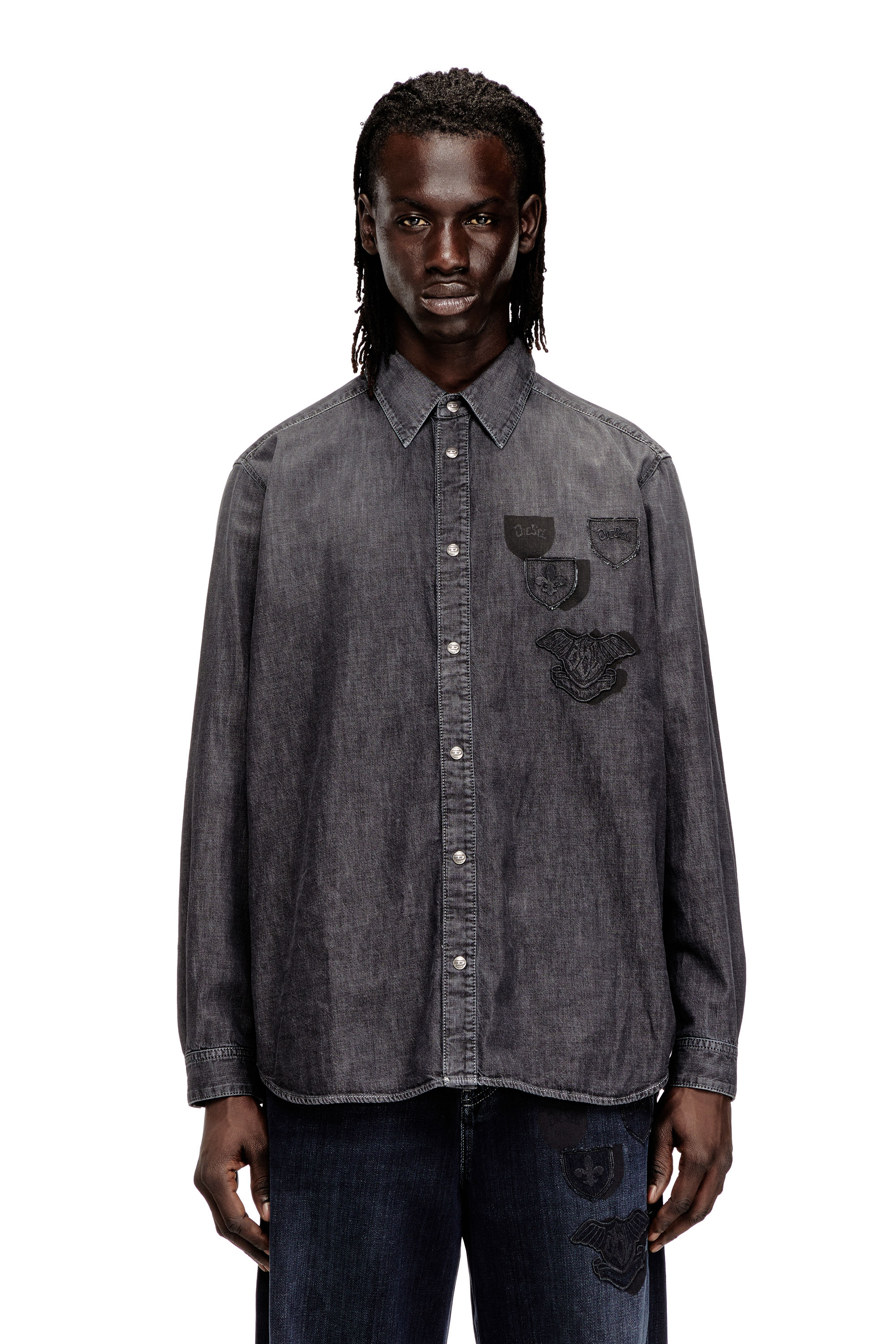 Diesel - D-SIMPLY-S15, Man's Denim shirt with back embroidery in Grey - 1