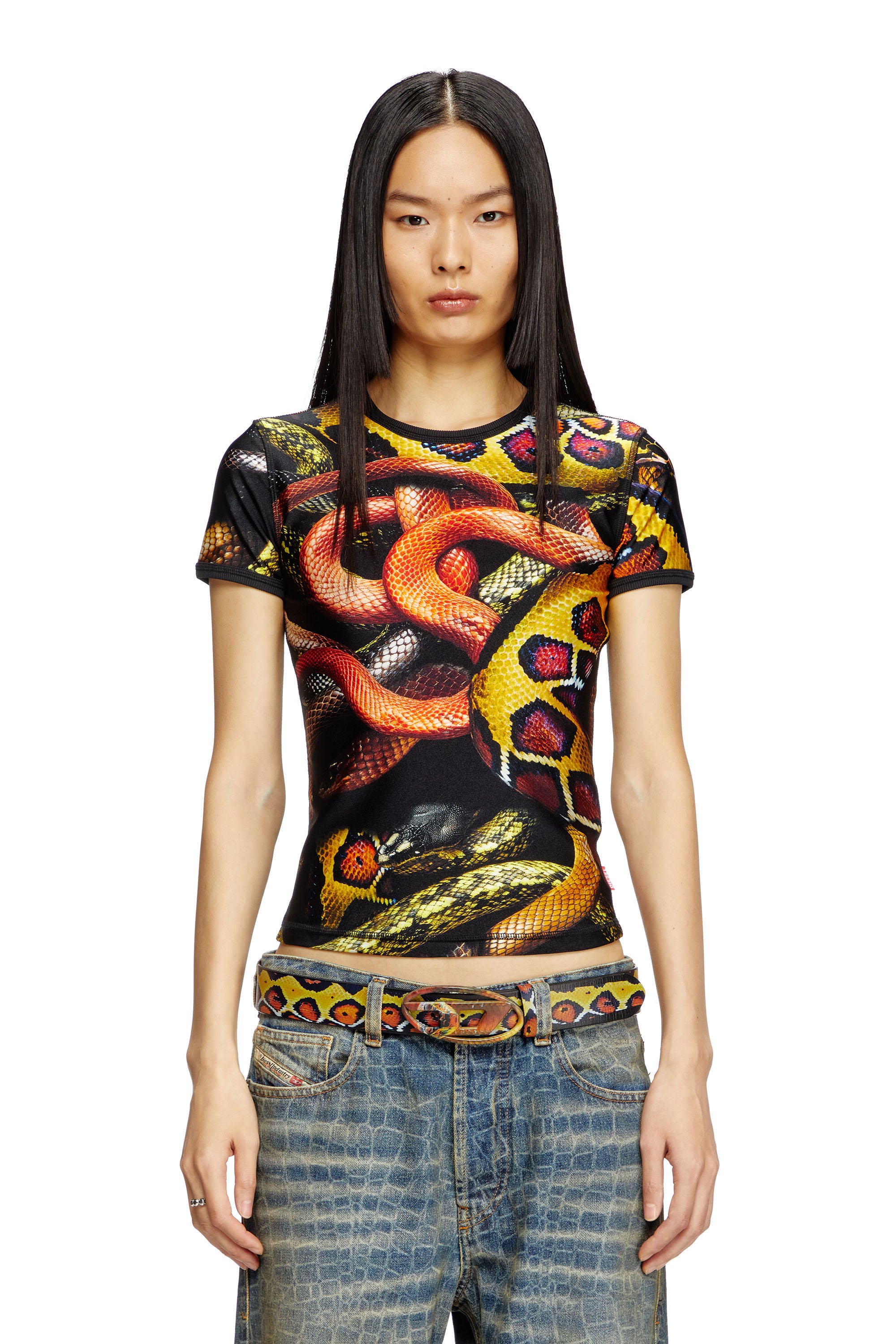 Diesel - CL-T-UNCLE-SNAKE, Unisex's Lycra T-shirt with all-over snake print in Black/Yellow - 4