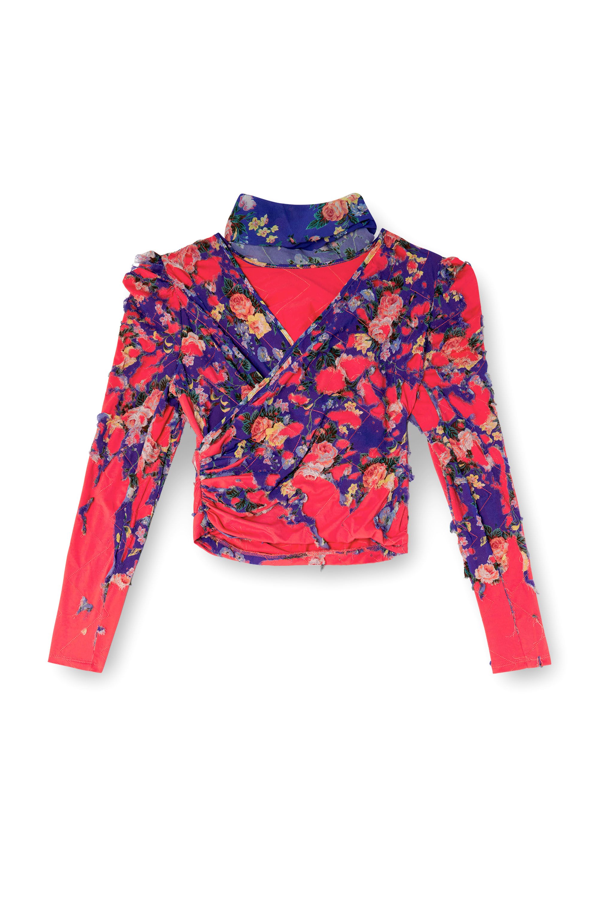 Diesel - T-FLOYAL, Woman's Puff-sleeve scarf neck top with devoré in Pink/Blue - 3