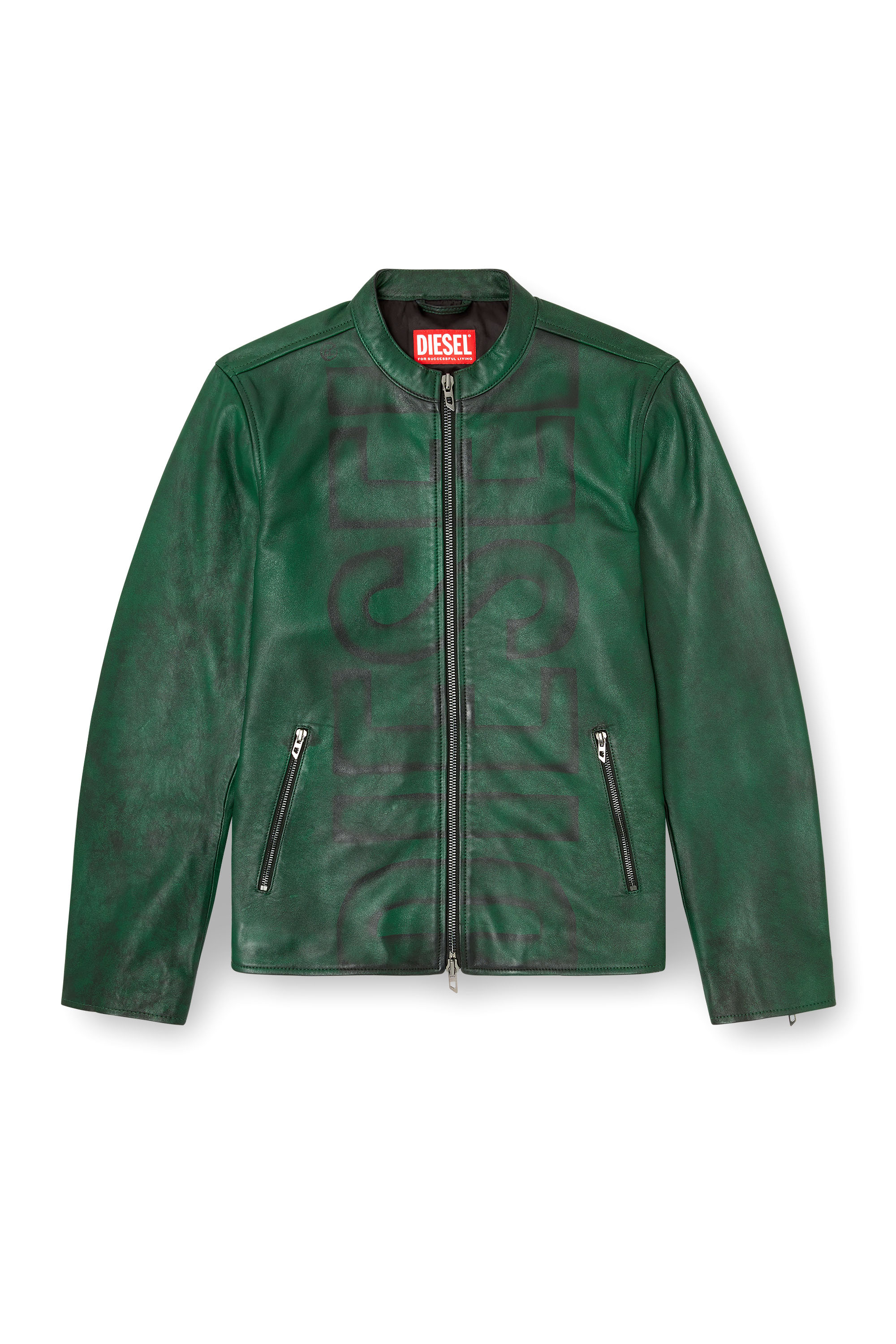 Diesel - L-EVERT-A, Man's Treated leather biker jacket with faded logo in Green - 2