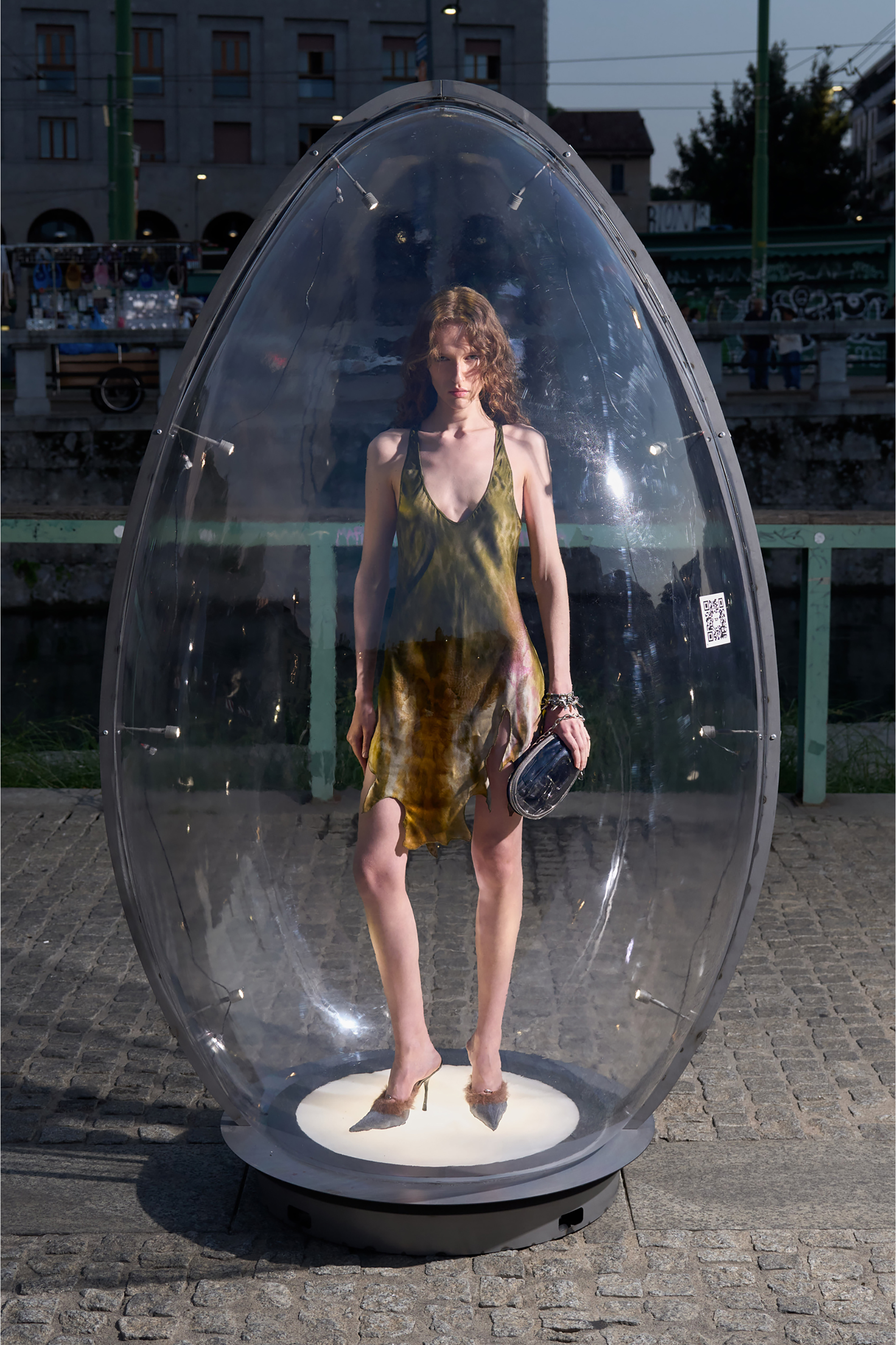 Diesel - D-AHIUL, Woman's Short satin dress with hide-effect hem in Brown/Green - 6