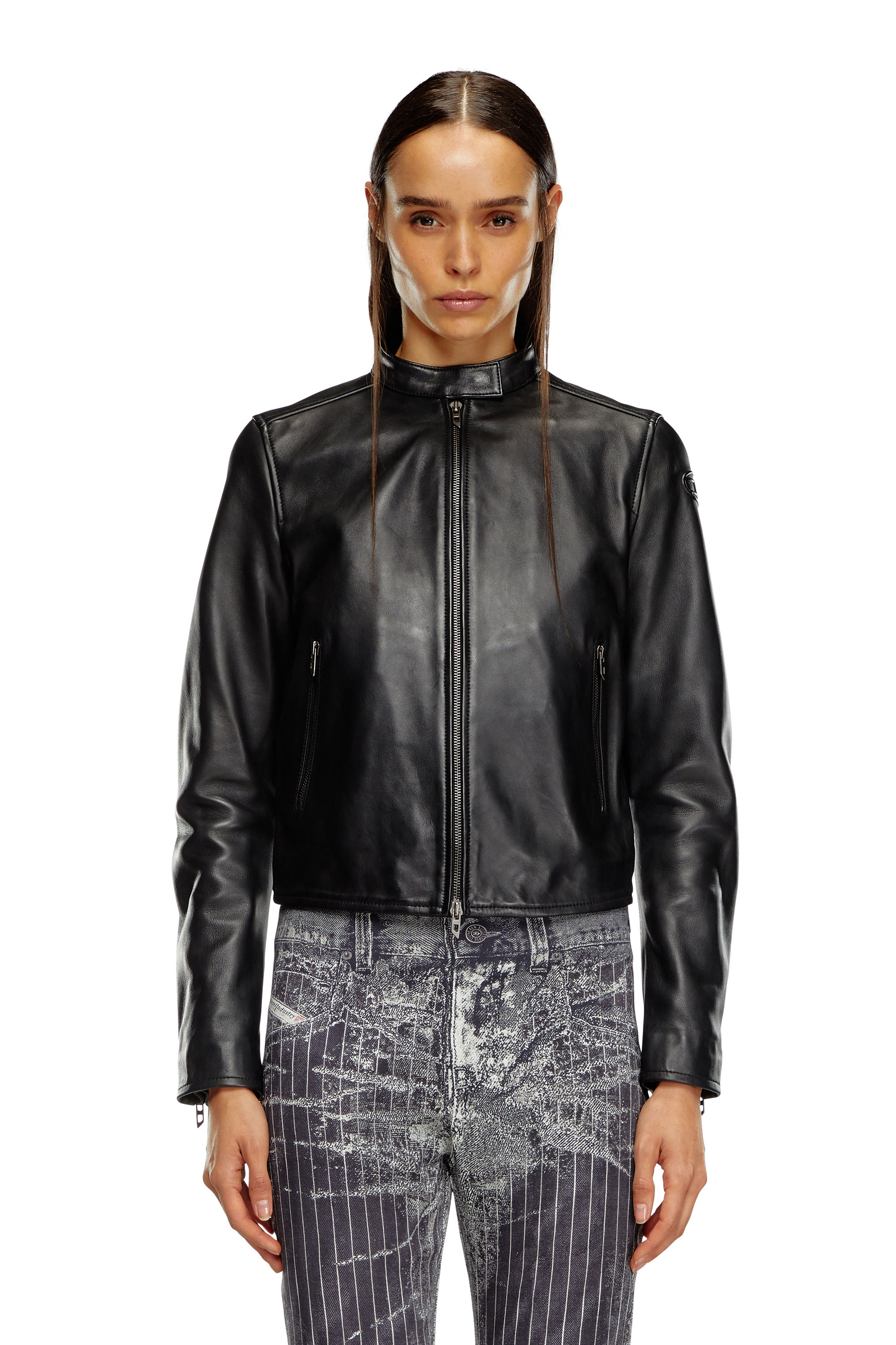 Diesel - L-AYLA, Woman Leather biker jacket with embossed logo in Black - Image 5