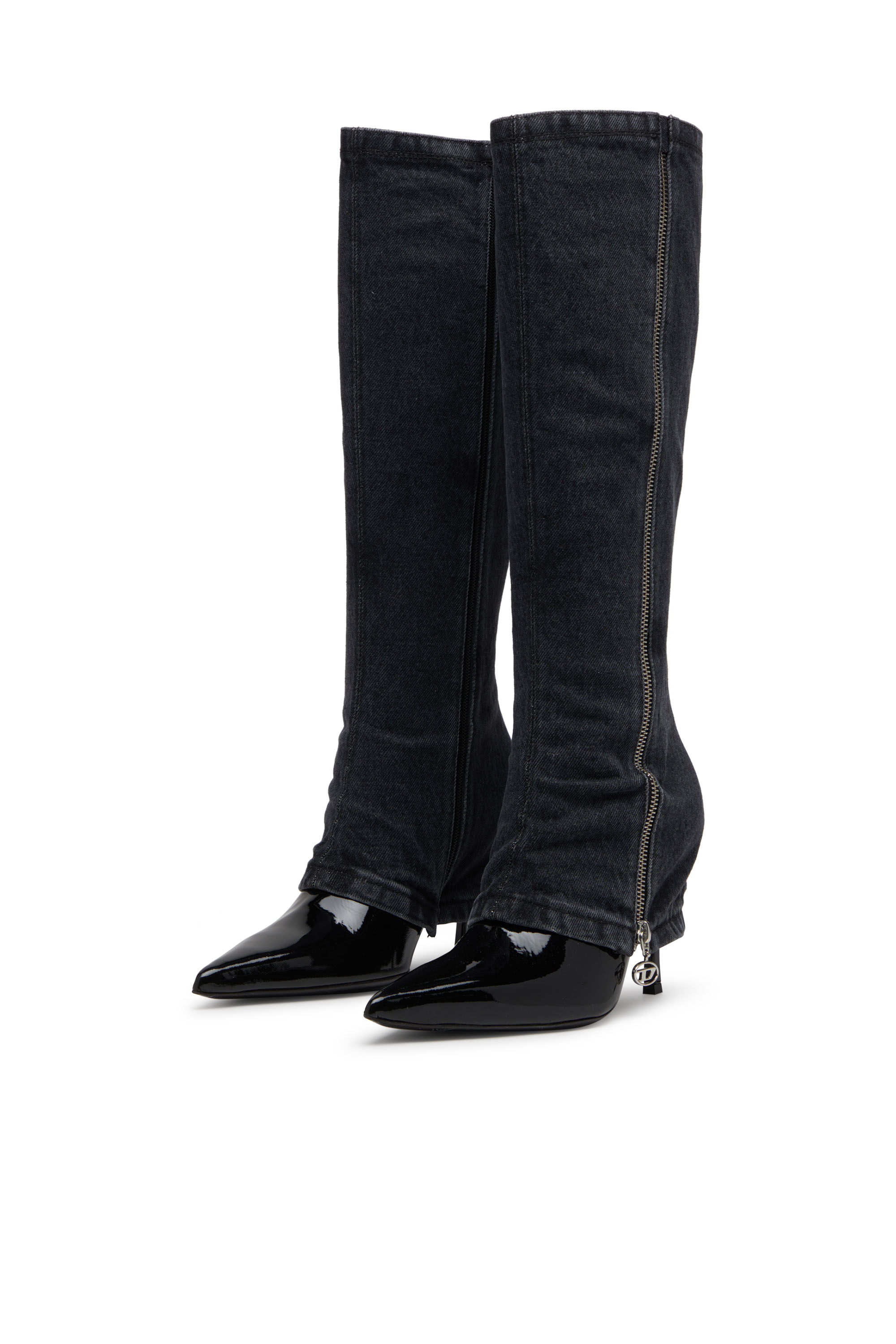D-VENUS TWISTED BOOT, Black Diesel - D-VENUS TWISTED BOOT, Woman's D-Venus-Stiletto knee boots with jean trompe l'oeil in Black - 7