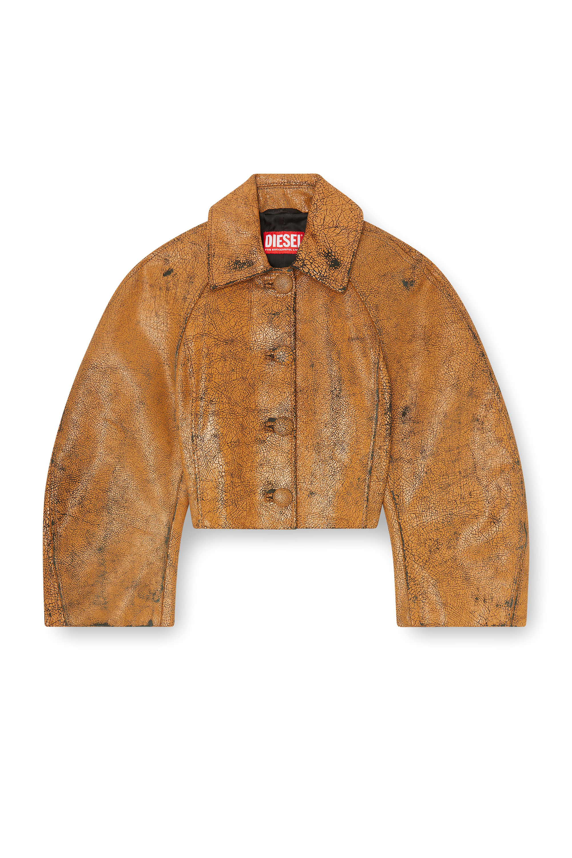Diesel - L-RAYA, Woman's Cropped cocoon jacket in crackle leather in Brown - 3
