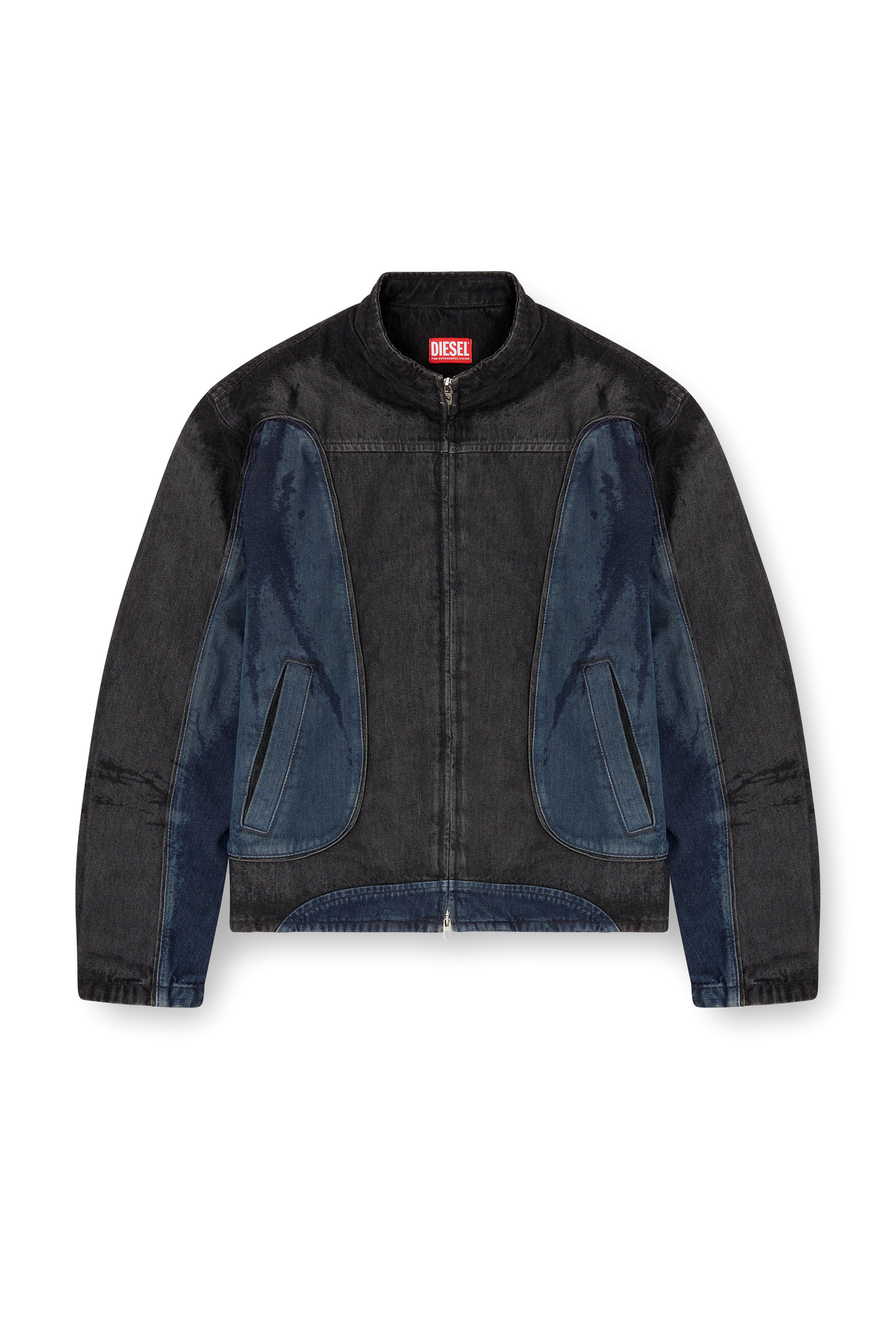 Diesel - D-BLENK-S, Man's Biker-style jacket in bicolour denim in Black/Blue - 2