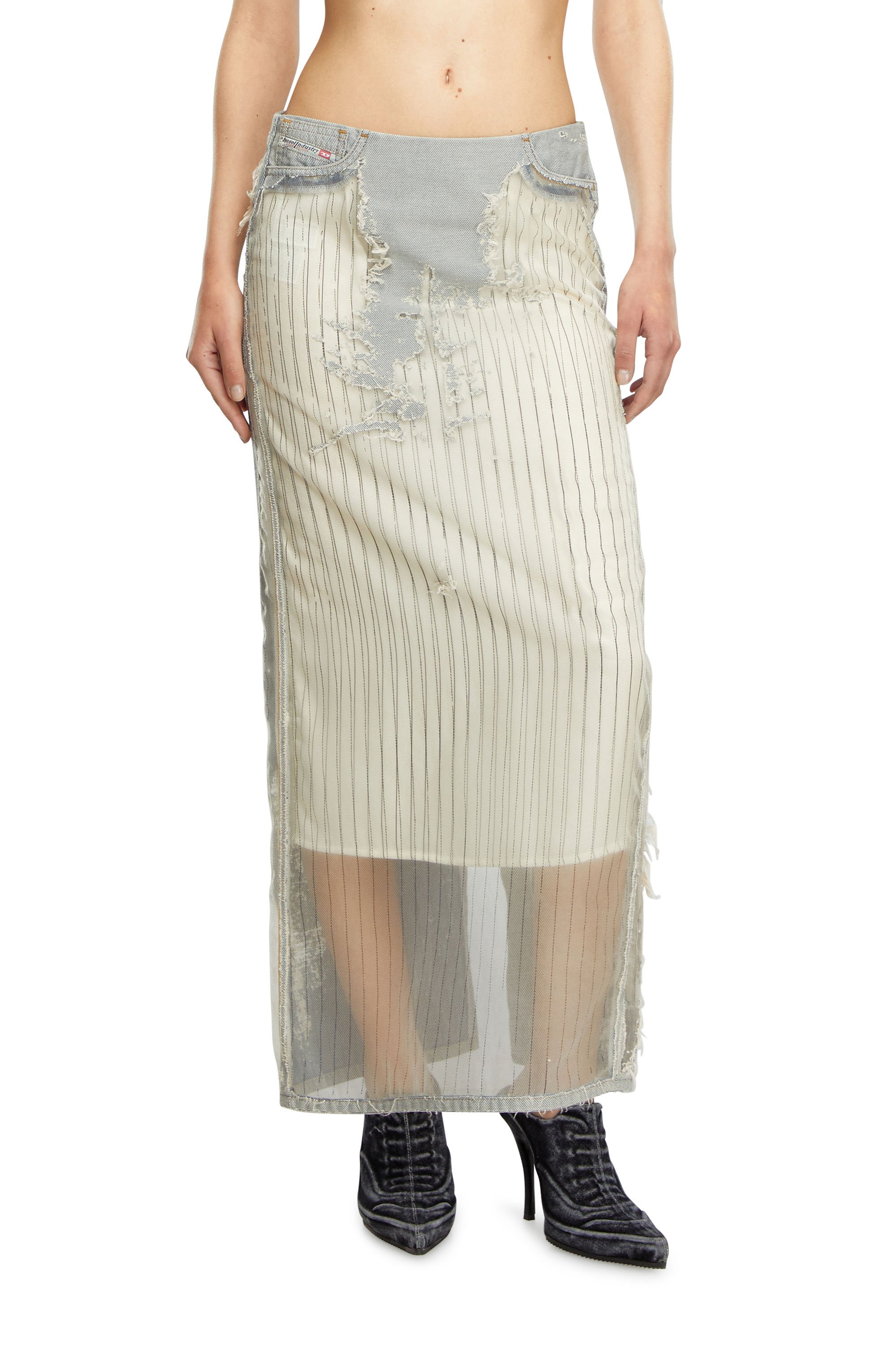Diesel - DE-PIGO-FSE, Woman Long skirt in pinstriped devoré denim in White - Image 2