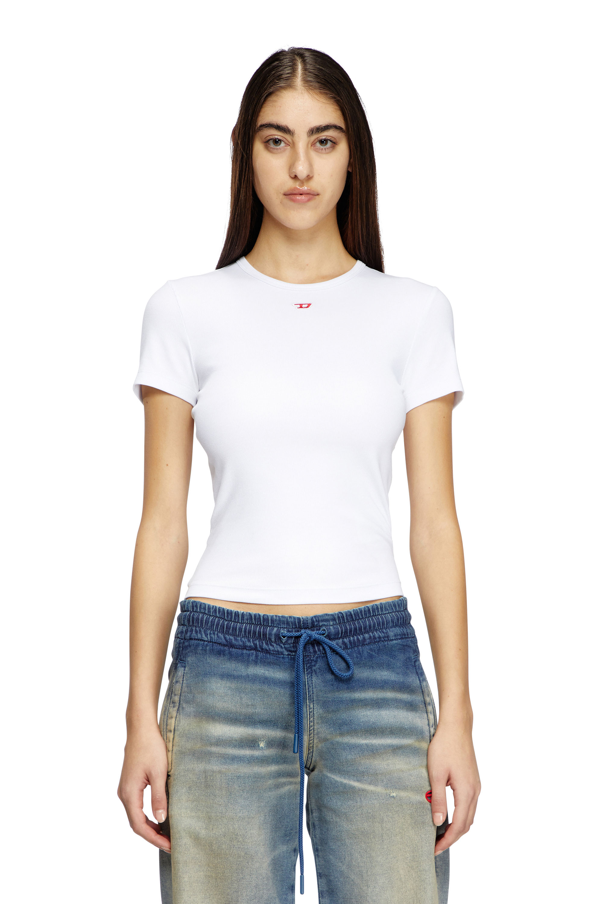 Diesel - T-ELE-LONG-D, Woman's T-shirt with D logo patch in White - 1