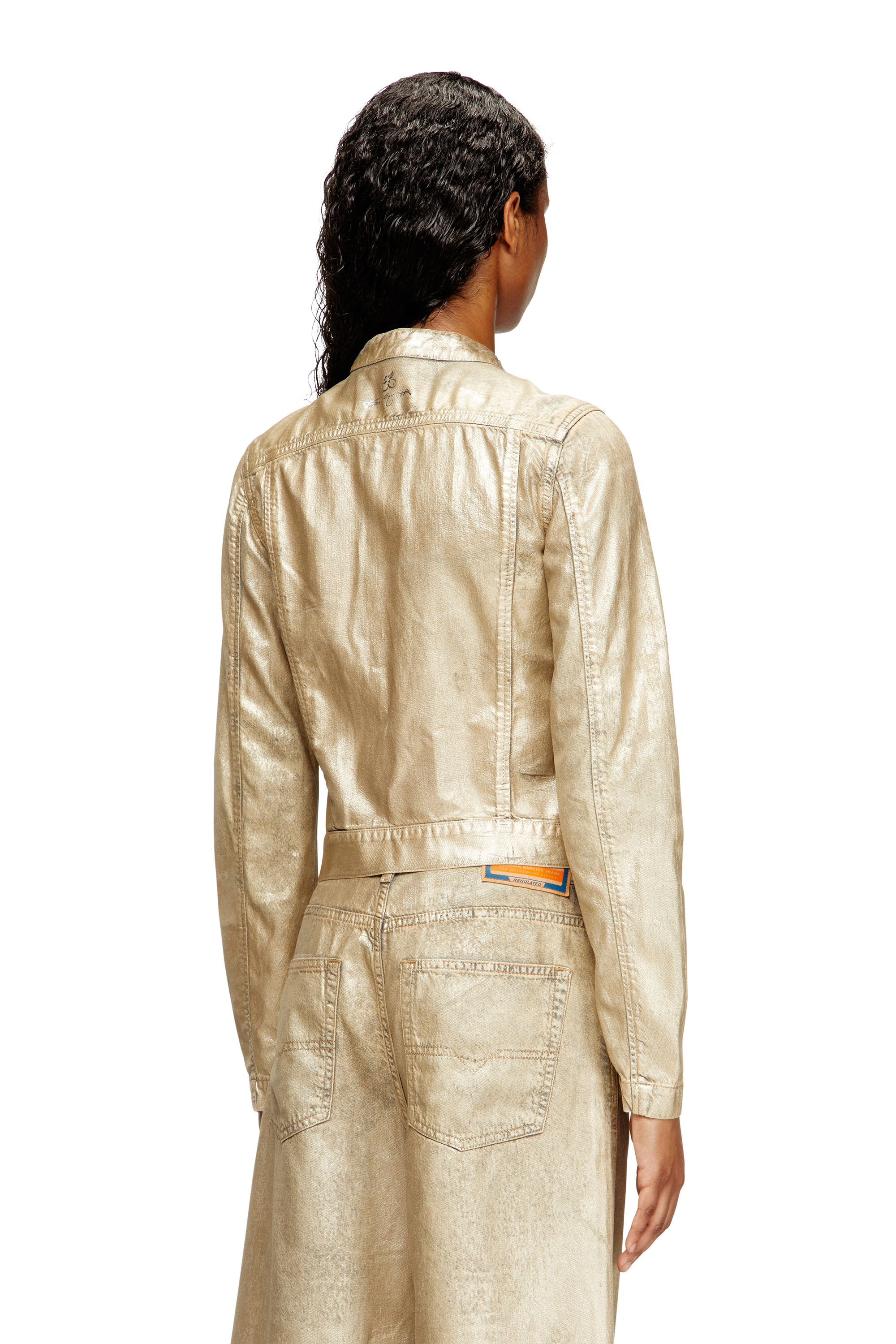 Diesel - DE-MORNIN-KG, Woman's Moto jacket in distressed metallic denim in Gold - 4