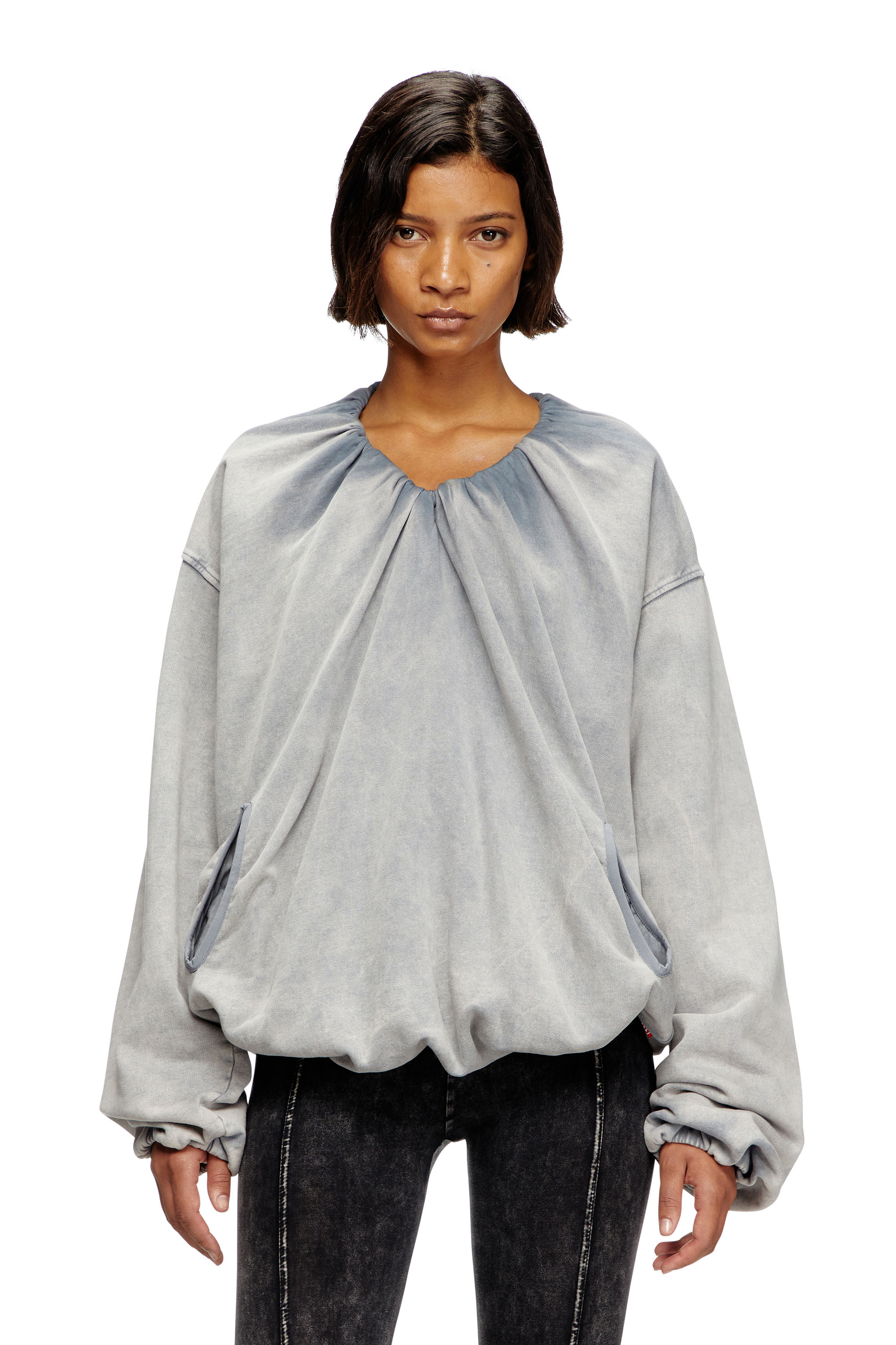 Diesel - F-INDY, Woman's Gathered sweatshirt with bleached effect in Grey - 1