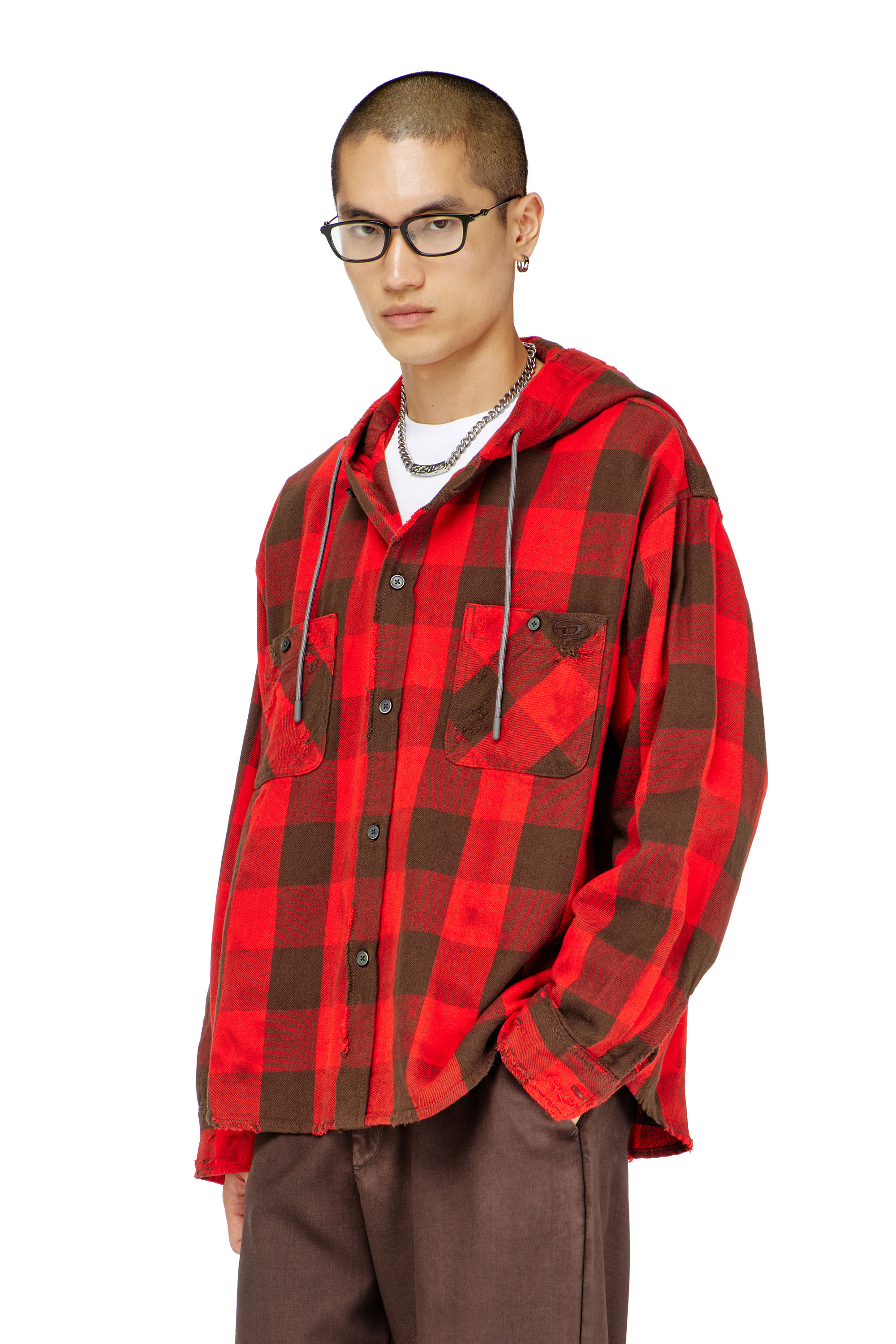Diesel - S-DRUM-HOODY, Man's Distressed hooded shirt in check flannel in null - 1