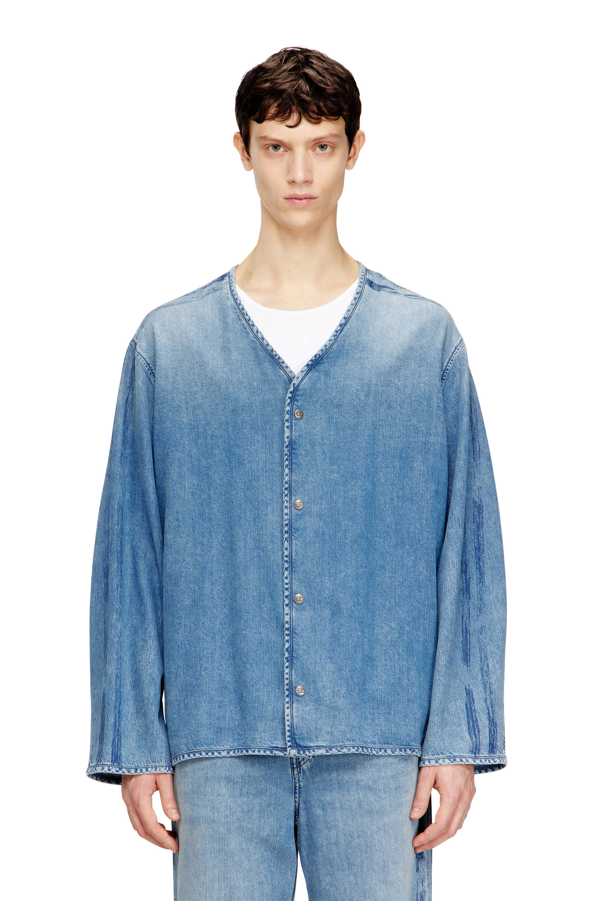 Diesel - D-CADI-S, Man's V-neck shirt in fluid denim with stripes in Light Blue - 1