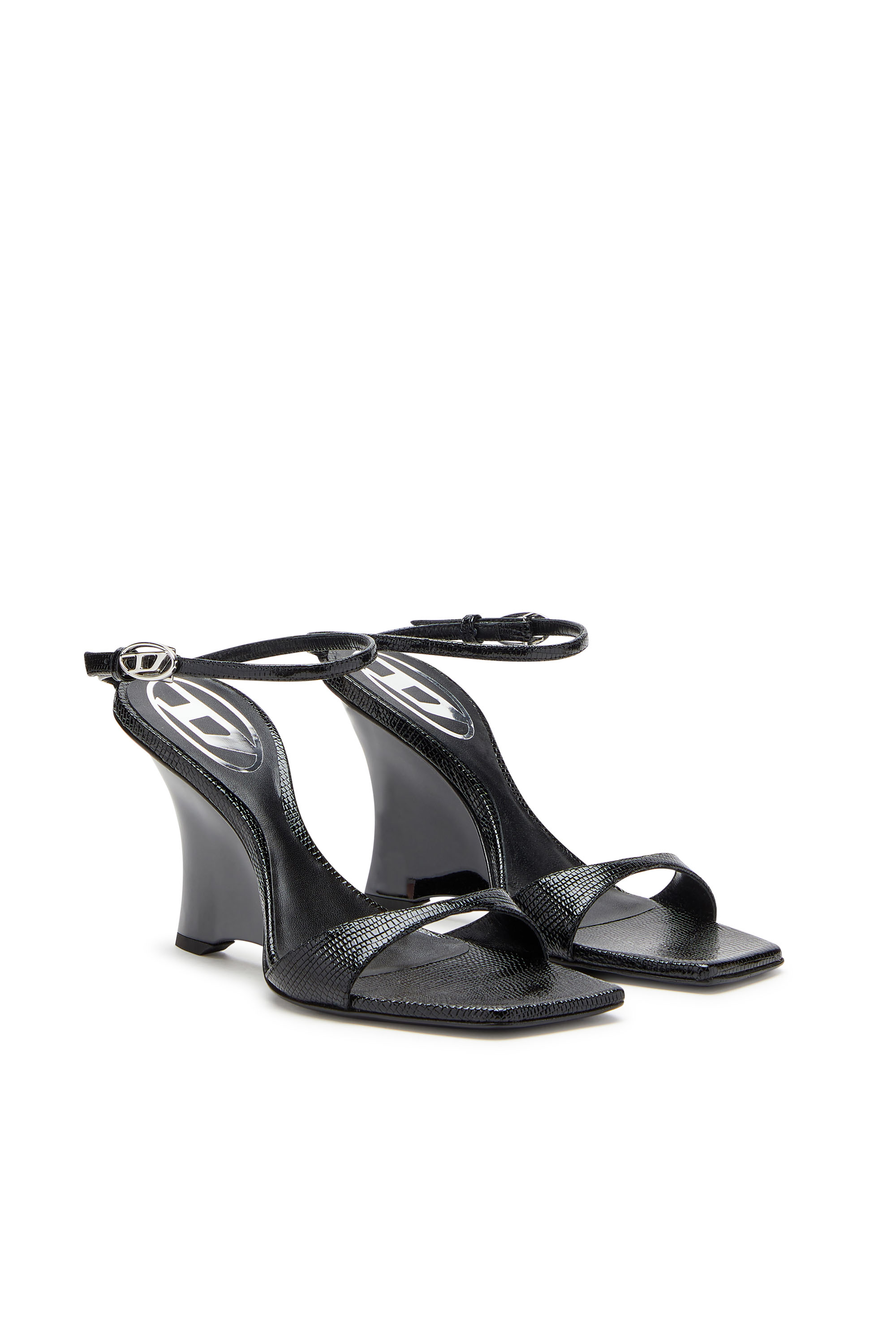 D-AMBER SANDAL WEDGE, Black Diesel - D-AMBER SANDAL WEDGE, Woman's D-Amber-Wedge sandals in lizard-effect leather in Black - 2