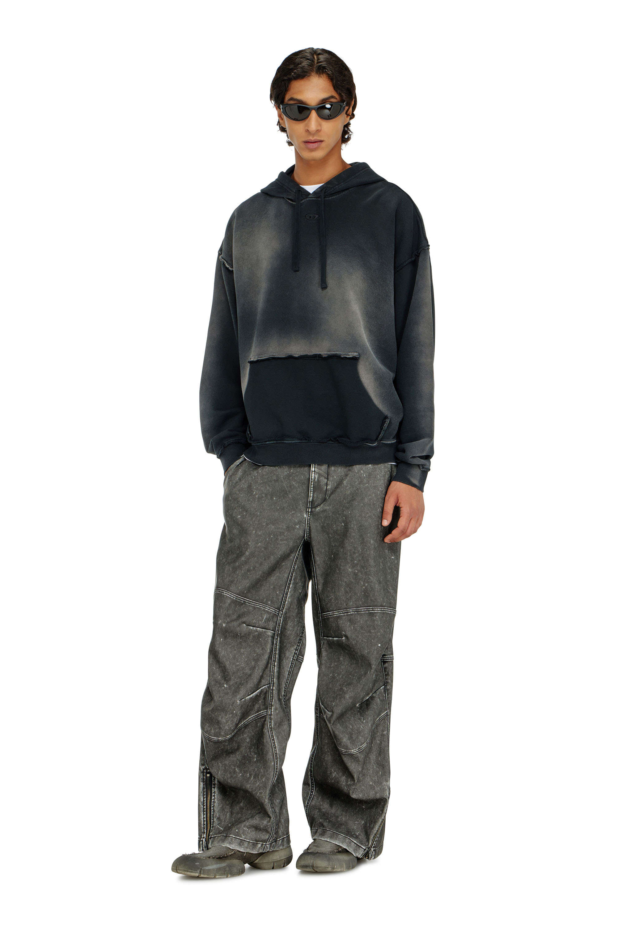 Diesel - S-POCK-HOOD, Man's Faded cotton hoodie with frayed details in Black - 2