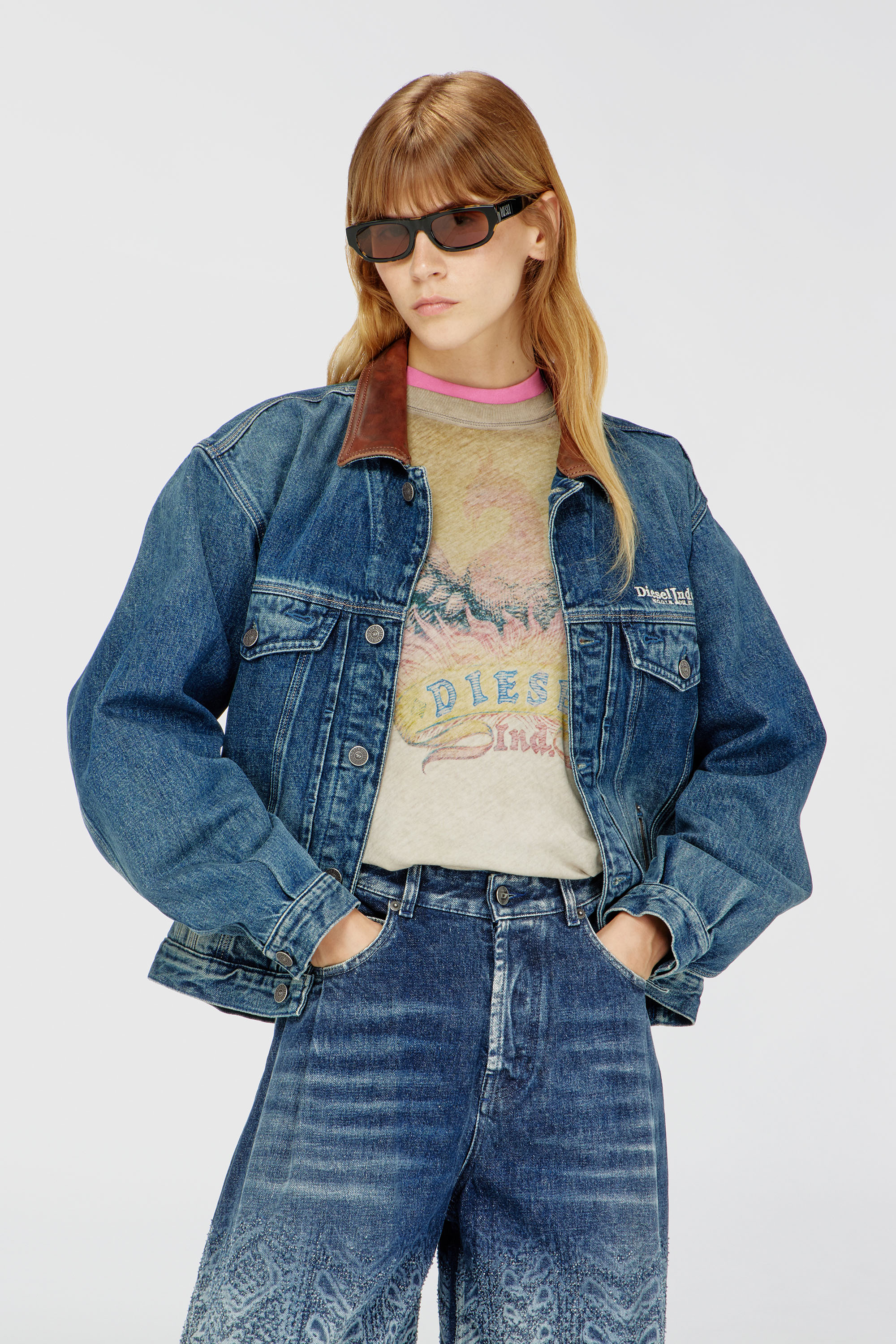 Diesel - D-DENVER-S1, Unisex's Denim trucker jacket with contrast leather trims in Blue - 6