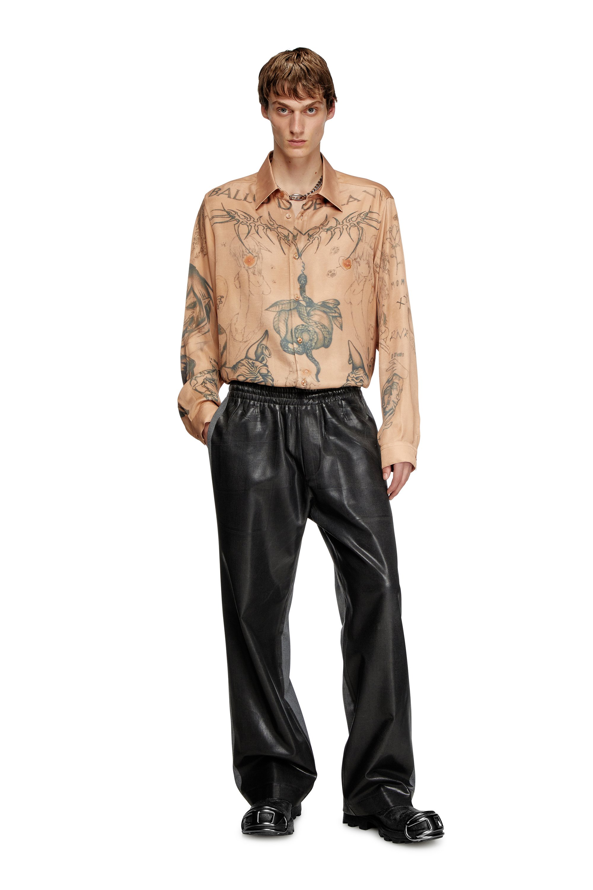 Diesel - S-SIMPLY-TTO-DD, Unisex's Fluid satin shirt with tattoo print in Beige - 3