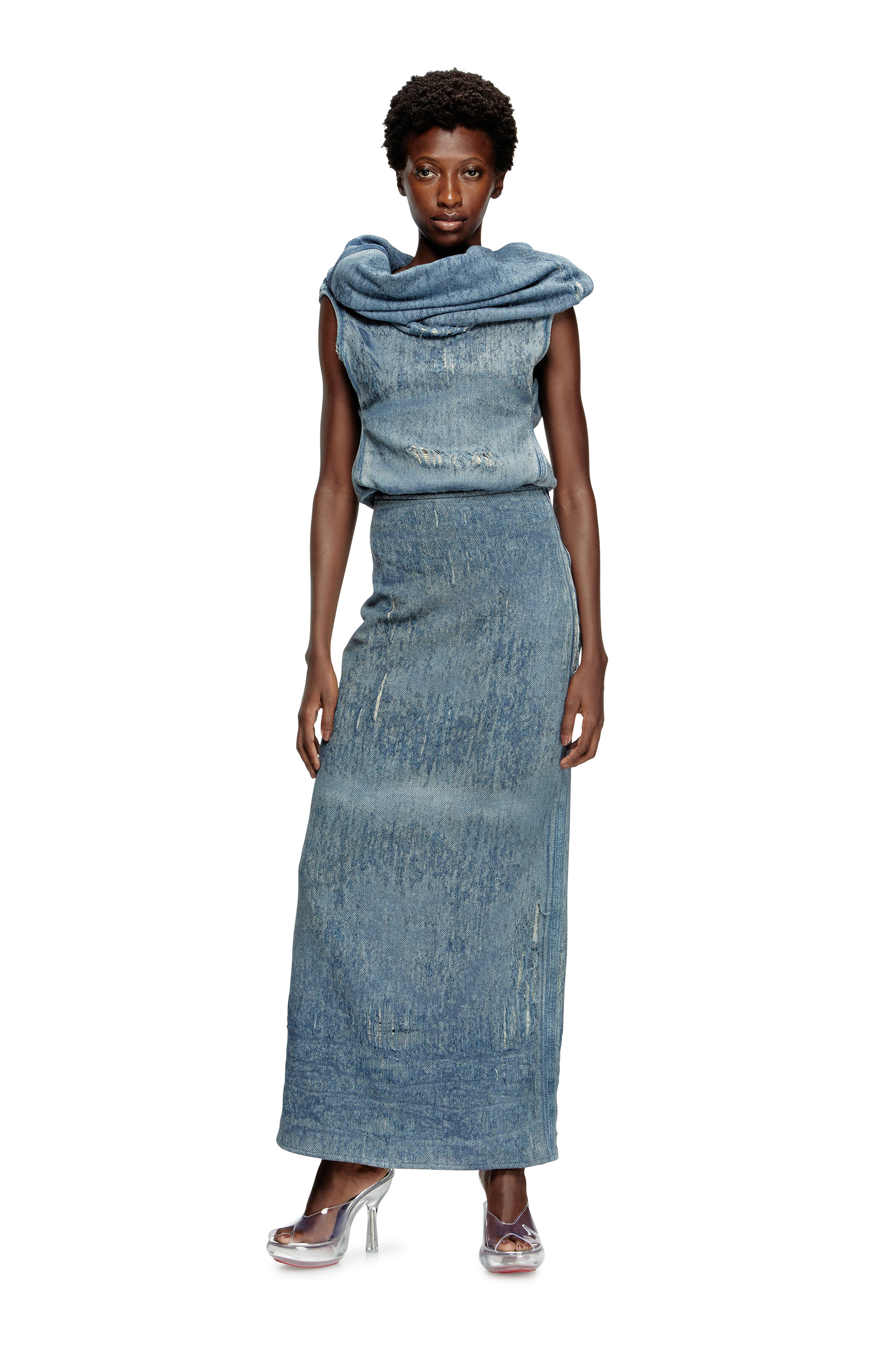 Diesel - DE-VANIA-FSG, Woman's Top in ultra-destroyed jacquard denim in Medium blue - 1