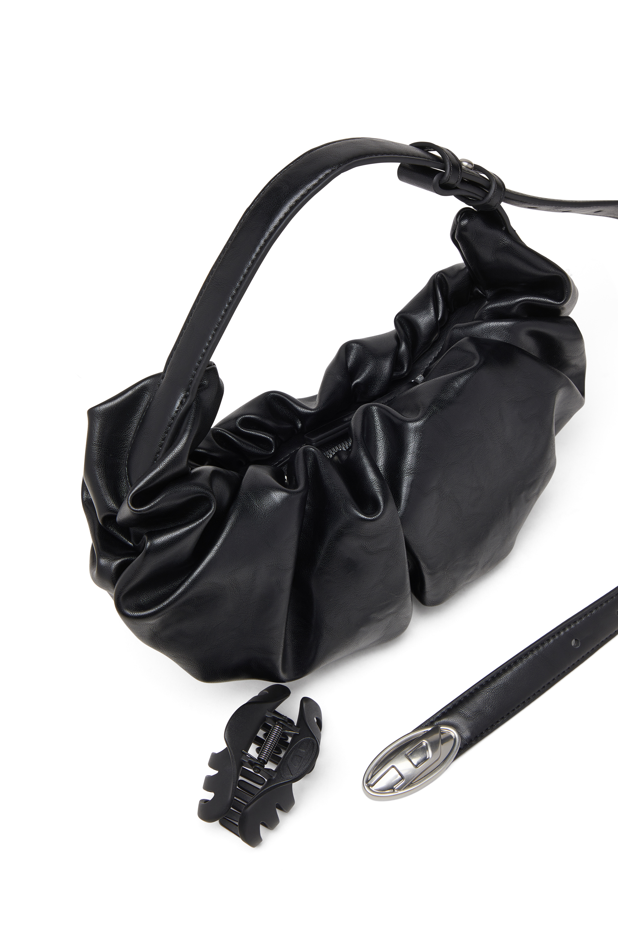 Diesel - GRAB-D HOBO S, Woman's Grab-D S-Small scrunched hobo bag in shiny PU in Black - 5